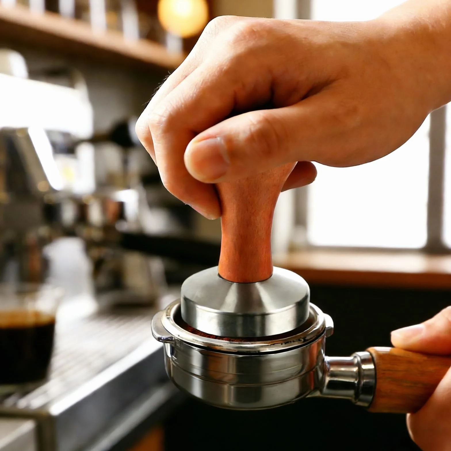 Tamper do espresso, 53 mm, tamper do kawy, z drewnianym uchwytem i matą silikonową, ubijak do kawy, silikonowy ubijak do kawy, ze stali nierdzewnej