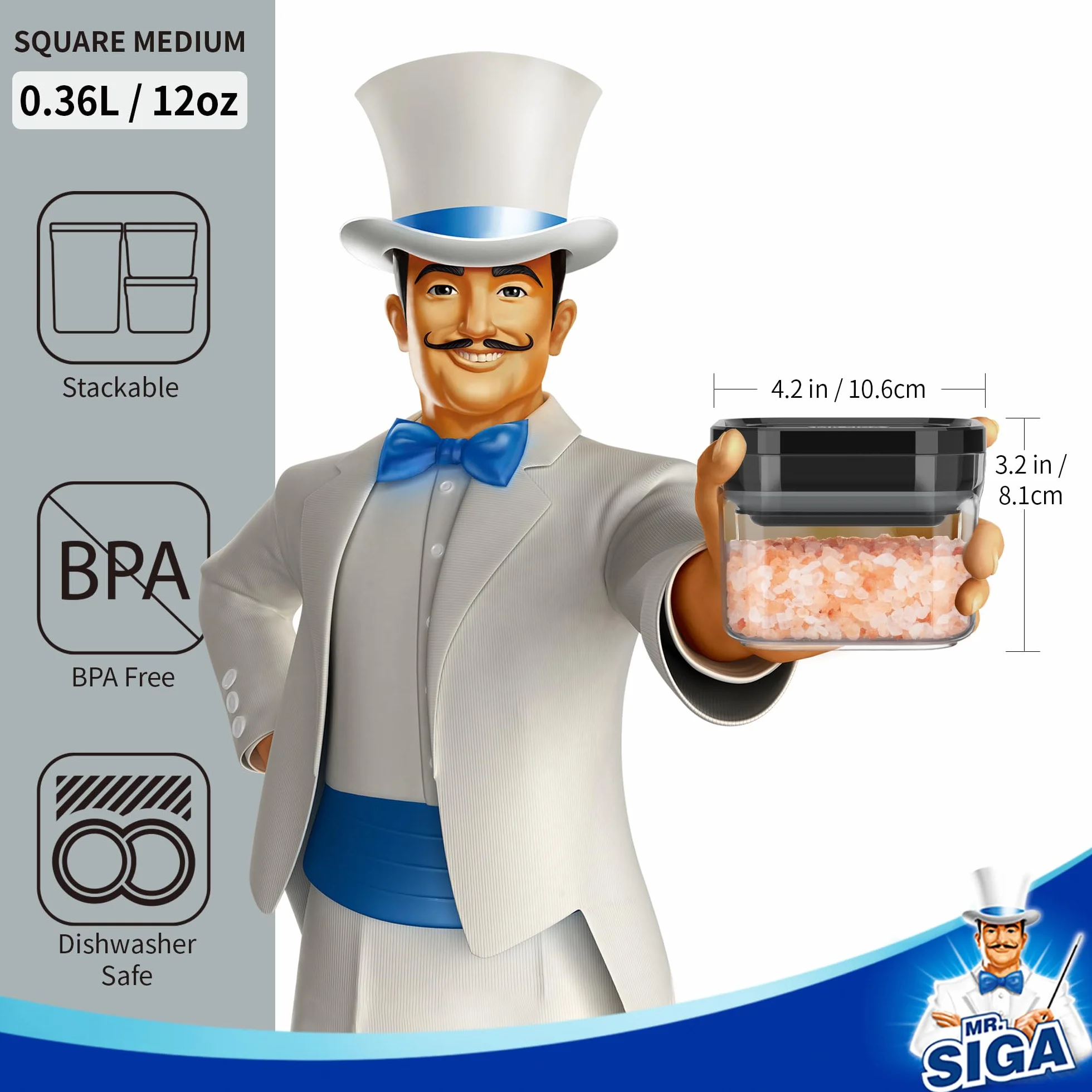 MR.SIGA Zestaw 4 hermetycznych pojemników na żywność wolne od BPA, składne | Pojemniki kuchenne do surowców, organizacji spiżarni, pojemność 360 ml, małe, czarne