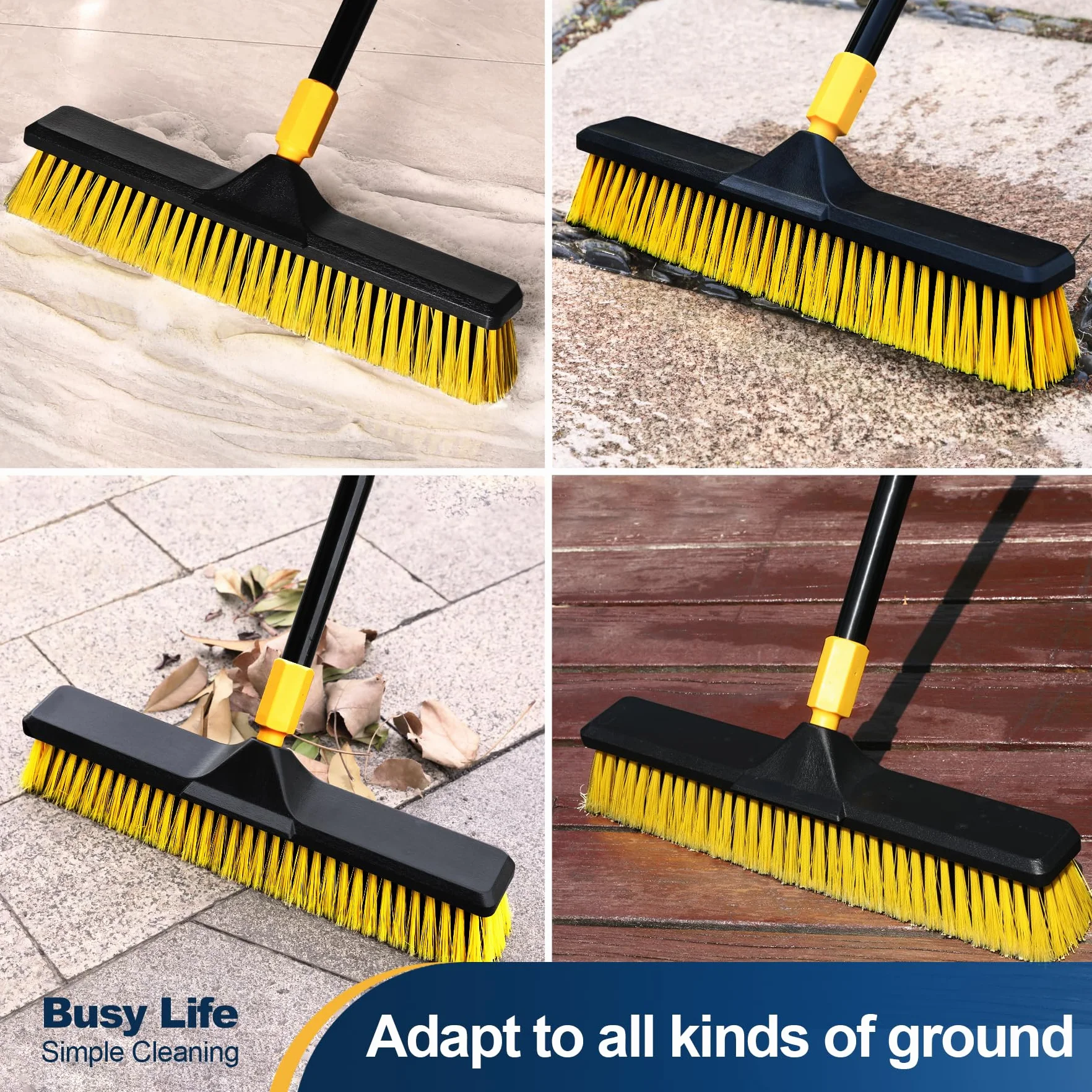 Yocada Wytrzymała szczotka do miotły push 45 cm, do użytku na zewnątrz, do użytku komercyjnego, sztywne włosie do sprzątania patio, garażu, tarasu, betonu, drewna, kamiennych płytek podłogowych, 165 cm długości