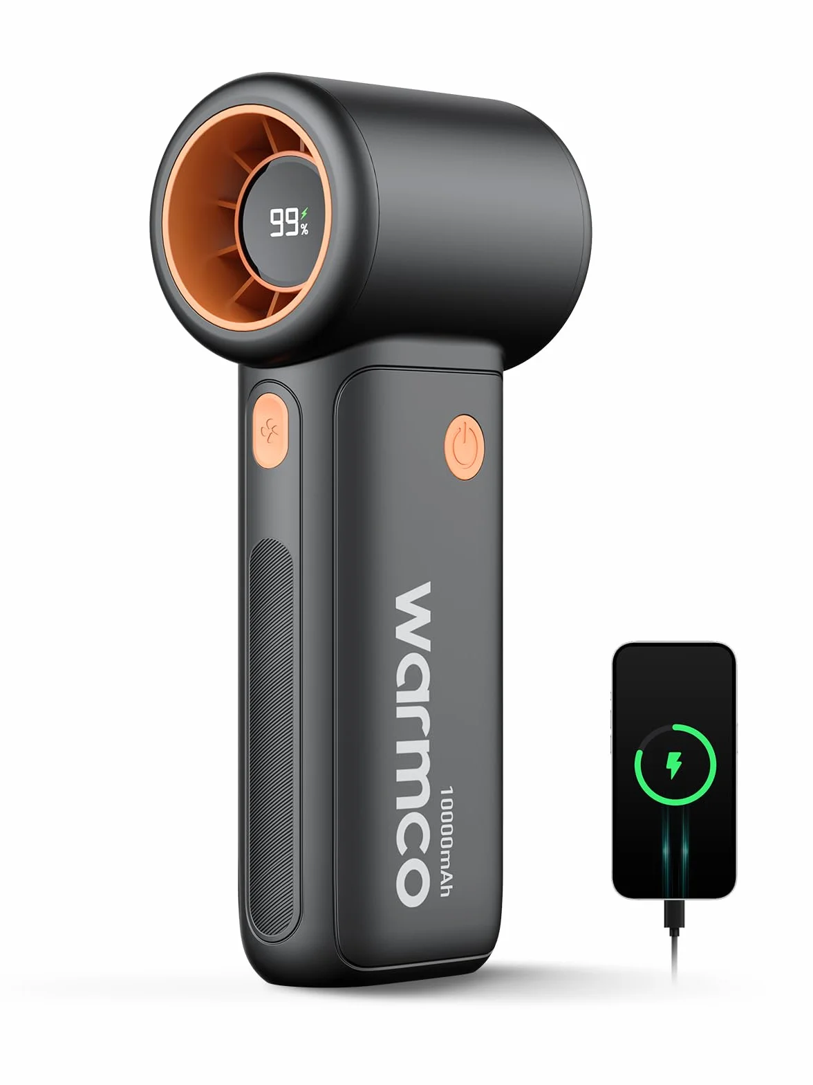 Warmco Przenośny wentylator 10000 mAh, przenośny osobisty wentylator turbo z wyświetlaczem LED, ładowany przez USB, 5 prędkości, chłodzenie 36 godzin, przenośna ładowarka, podróże