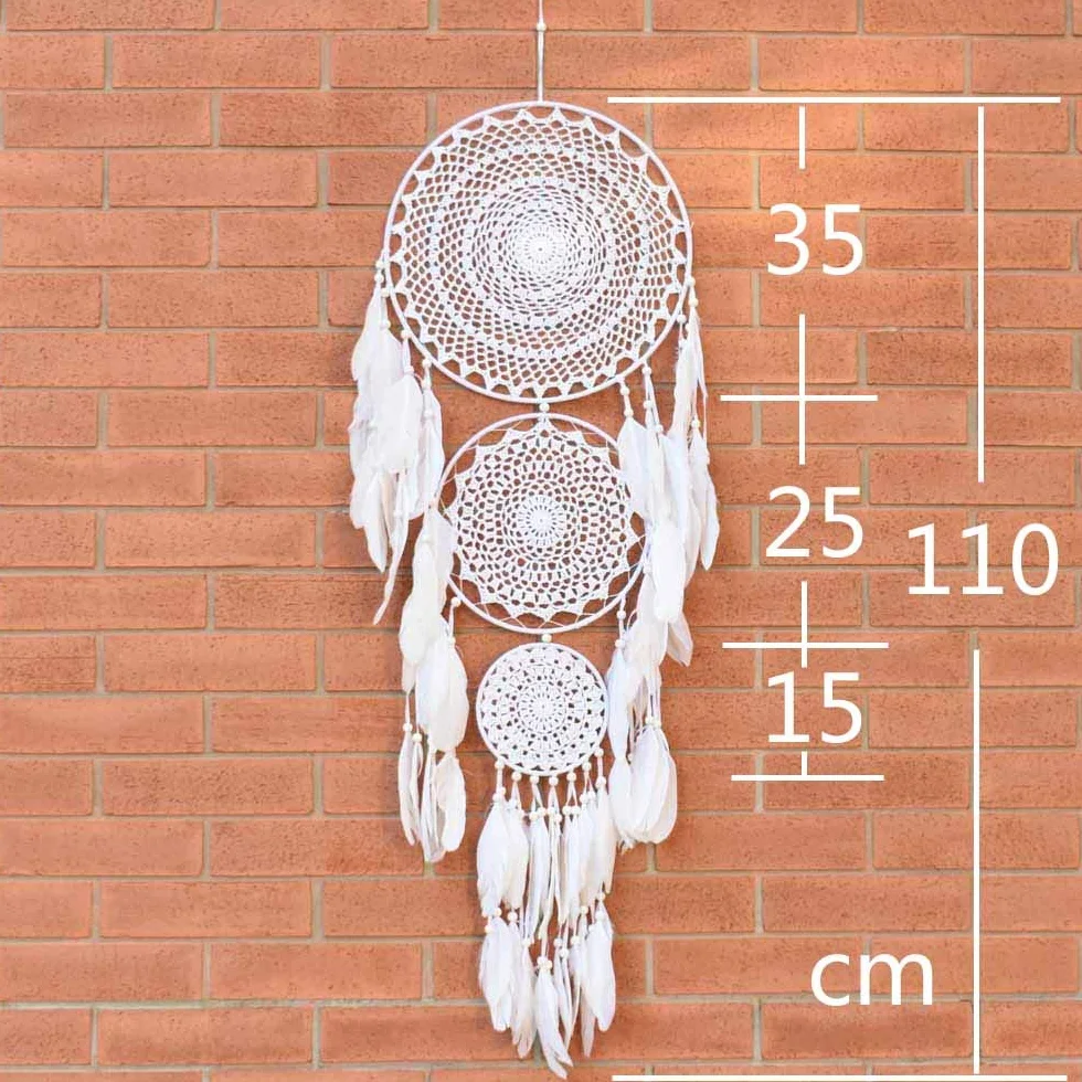 duży łapacz snów z białym piórem, 3 koła, makrama, do powieszenia na ścianie, w stylu Vintage, dekoracje ślubne, domu, 35 cm koło, 110 cm długości
