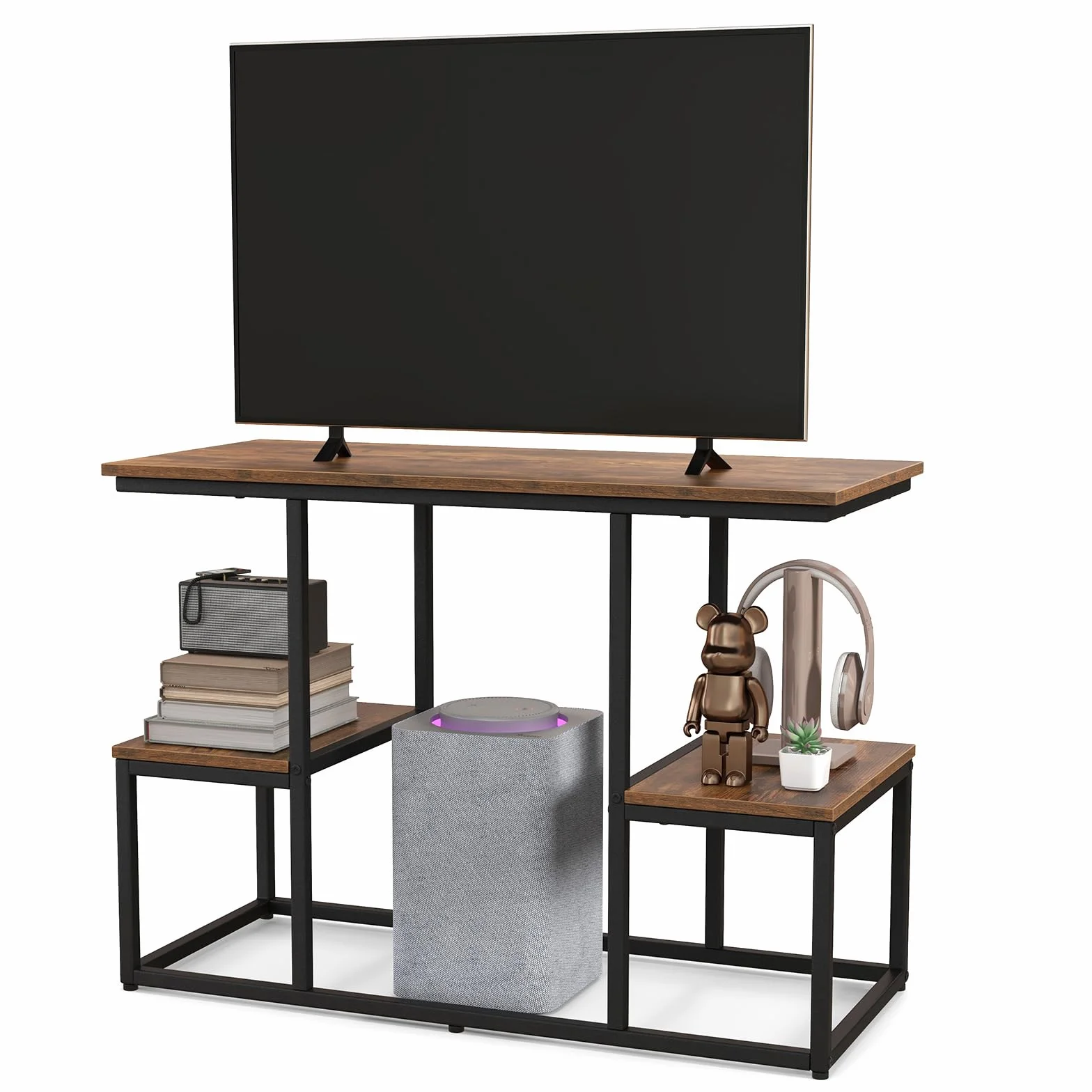 GOPLUS Konsola TV do 50" z Półkami Metalowa Rama 108x40x65 cm Rustykalny Brąz