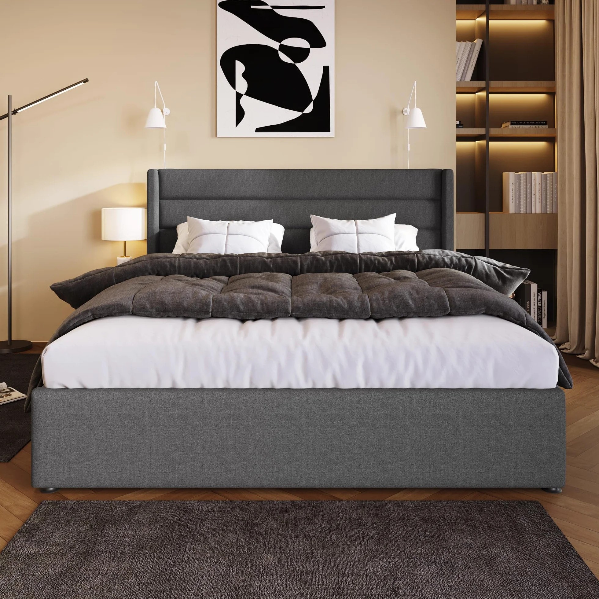 Łóżko Tapicerowane 180 x 200 cm z Miejscem Do Przechowywania, Hydrauliczne z Zagłówkiem i Skrzynią Na Pościel, Rama z Lnu i Litego Drewna, Ze Stelażem, Bez Materaca
