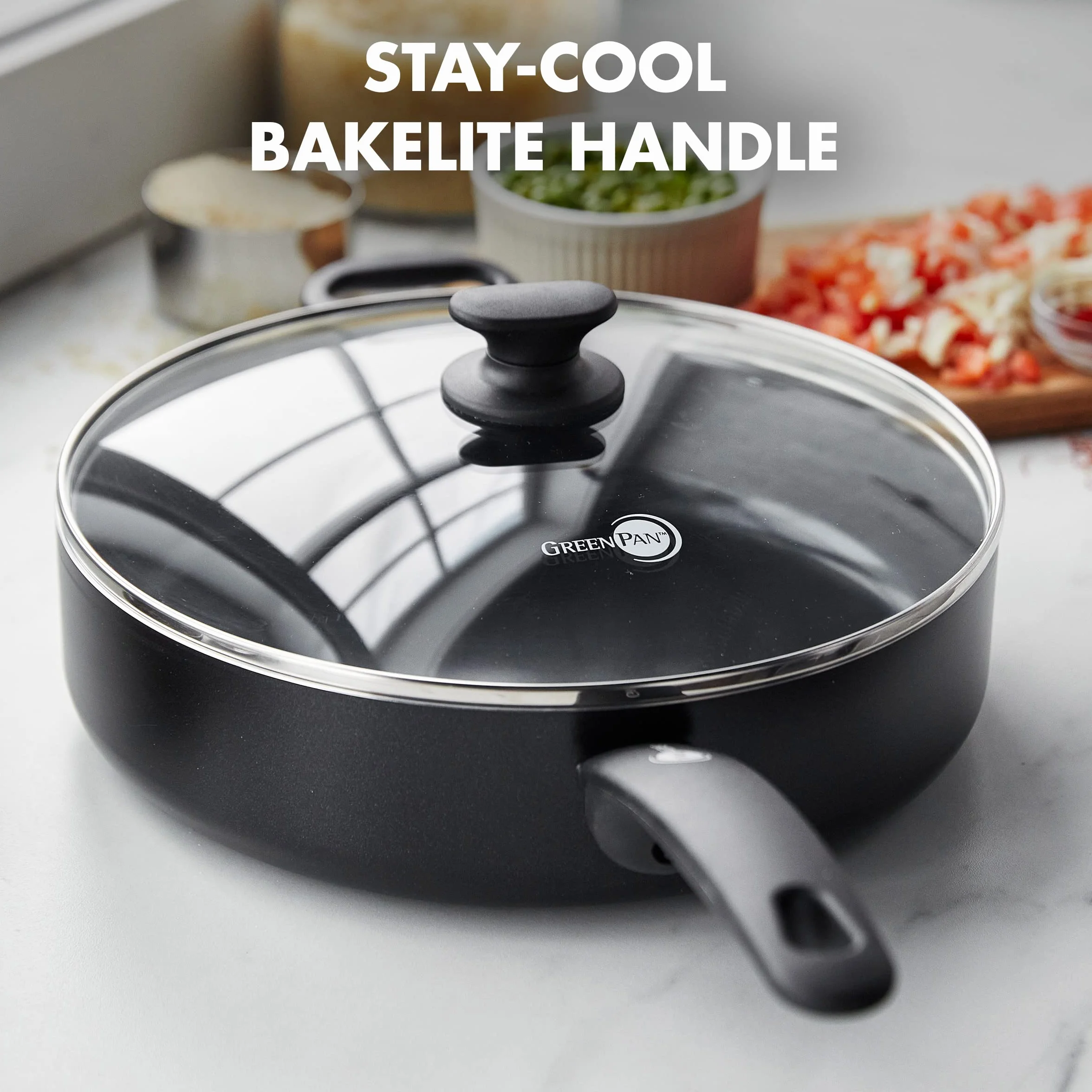 GreenPan Saute Pan with 2 Side Handles & Lid, Non Stick, Toxin Free Ceramic Skillet - Induction, Oven & Dishwasher Safe Cookware - 24 cm/3.1 Litre, Black