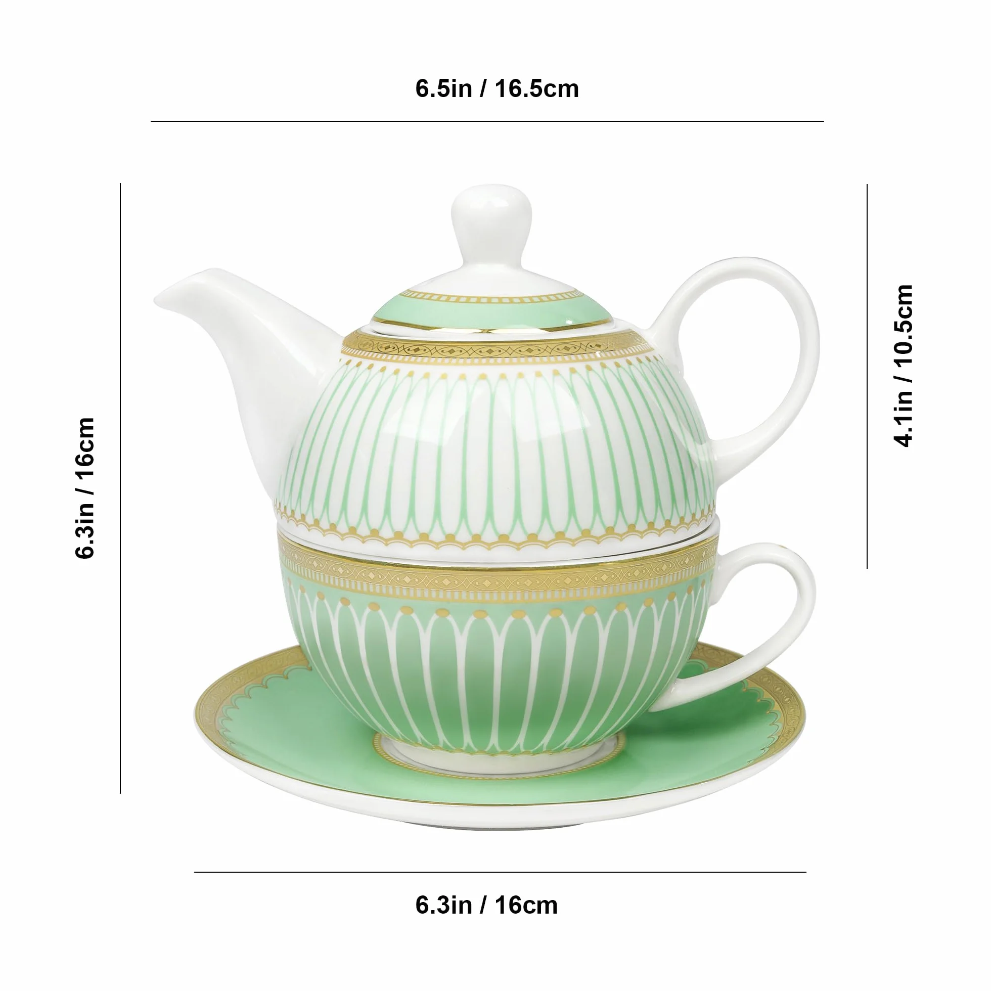 fanquare Zestaw do herbaty Tea for One z złotym obramowaniem, zielony zestaw do herbaty dla dorosłych, ceramiczna filiżanka do kawy z podstawką, klasycznie w paski