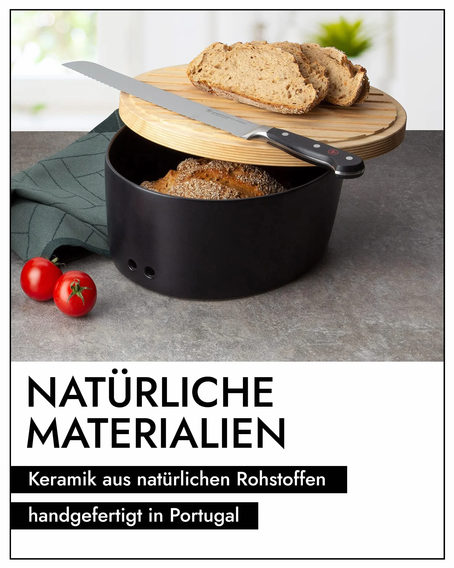 CONTINENTA Ceramiczny chlebak, z praktycznymi otworami wentylacyjnymi, zapobiegającymi wysychaniu i pleśni, wykonany ręcznie w Portugalii, czarny (36 x 23 x 13,5 cm)