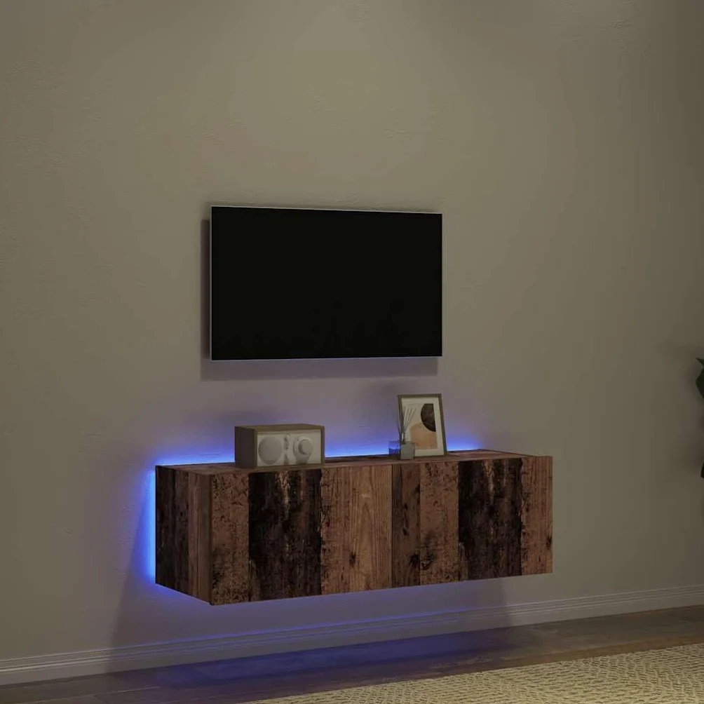 Szafka ścienna pod telewizor, zestaw 2 sztuk, wygląd starego drewna, 100 x 35 x 31 cm, materiał drewnopochodny, unoszący się regał na media do salonu, wszechstronne oświetlenie LED, uchwyt na