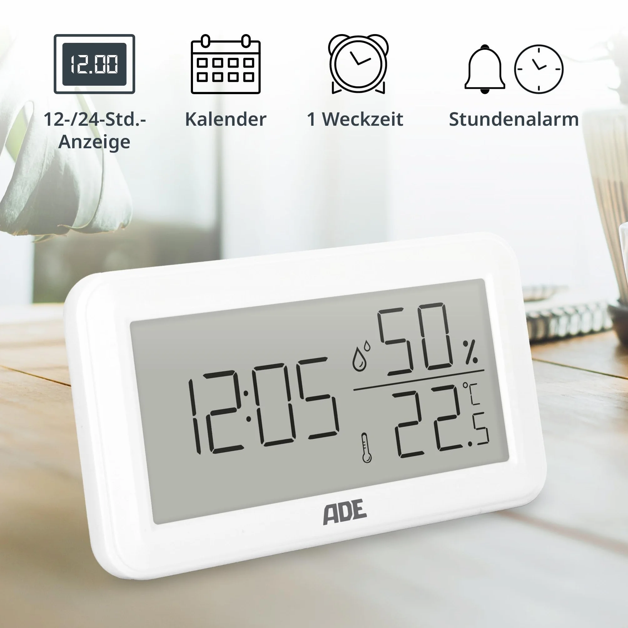ADE Termometr z miernikiem wilgotności wewnętrznej, cyfrowy zegar łazienkowy z temperaturą, miernik wilgotności z czasem, higrometr do biura, pokoju dziecięcego, sypialni, łazienki, biały leżący