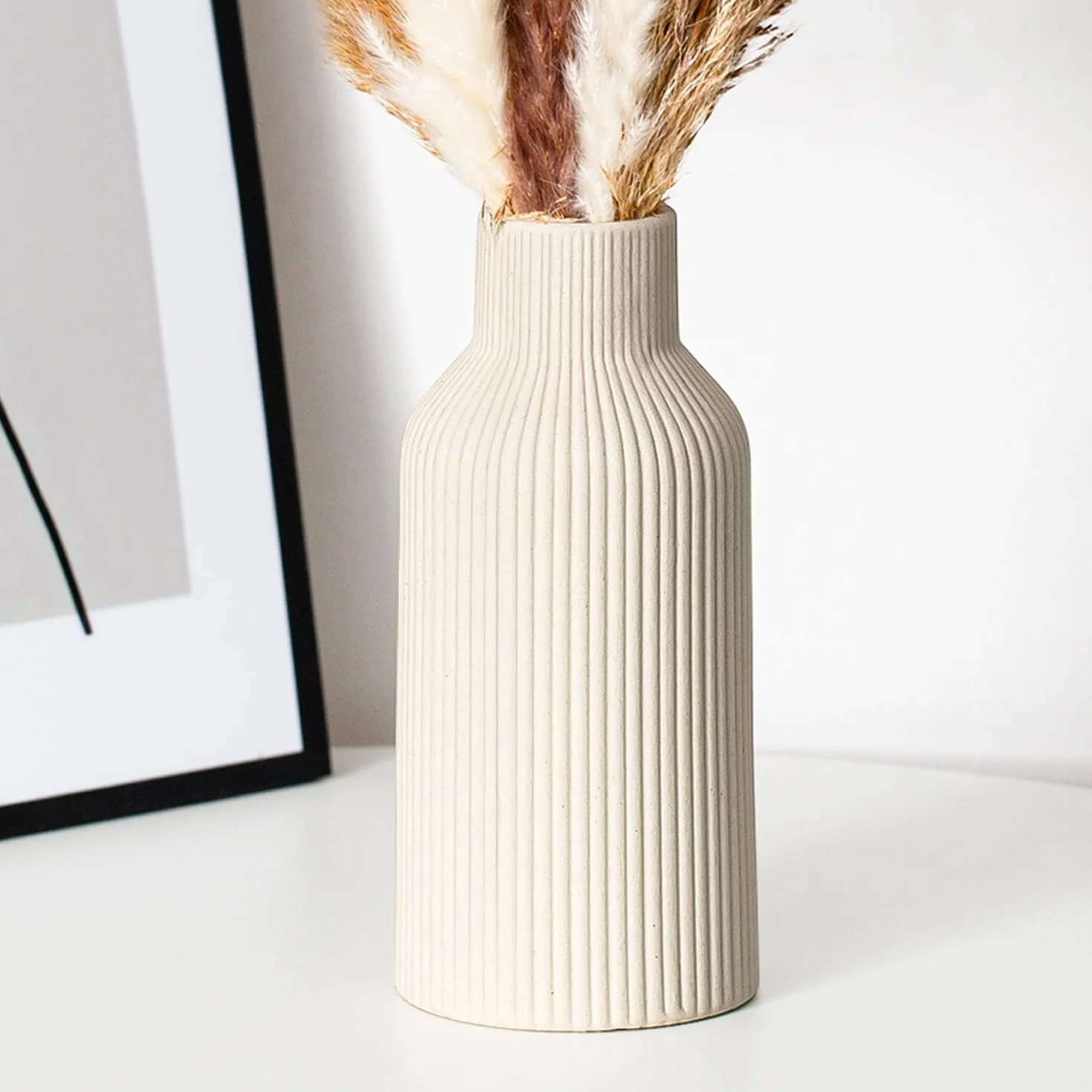 Wazon ceramiczny, trawa pampasowa, mały wazon do dekoracji, stołu jadalnego, regału na książki, gzymsu kominkowego, dekoracji wejścia i nakładek stołowych, prosty nowoczesny, styl boho (beżowy)