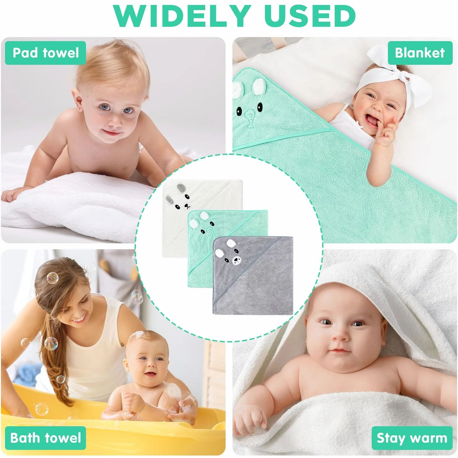 Ręcznik kąpielowy dla niemowląt, 3 sztuki, z uroczymi uszami, miękki i super chłonny, uroczy, do kąpieli niemowląt, unisex, 80 x 80 cm