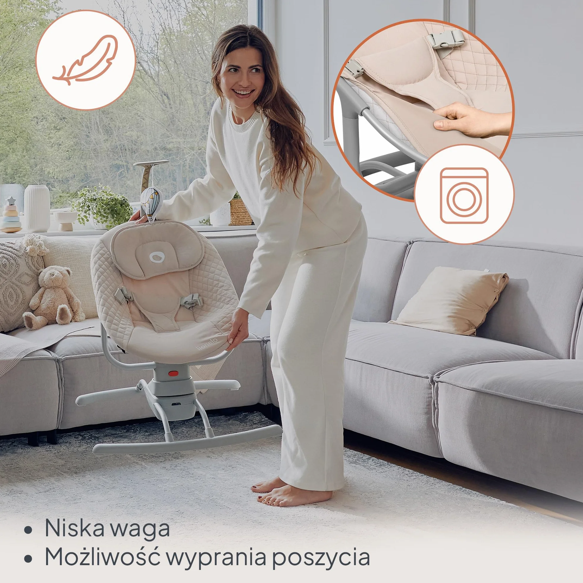 LIONELO RIO Elektryczny Bujaczek dla Niemowląt do 9 kg Regulacja Oparcia, 3 Prędkości Bujania, Poduszka Pasy Bezpieczeństwa Melodie i Dźwięki Natury Pałąk z Zabawką Lekki 3,5 kg