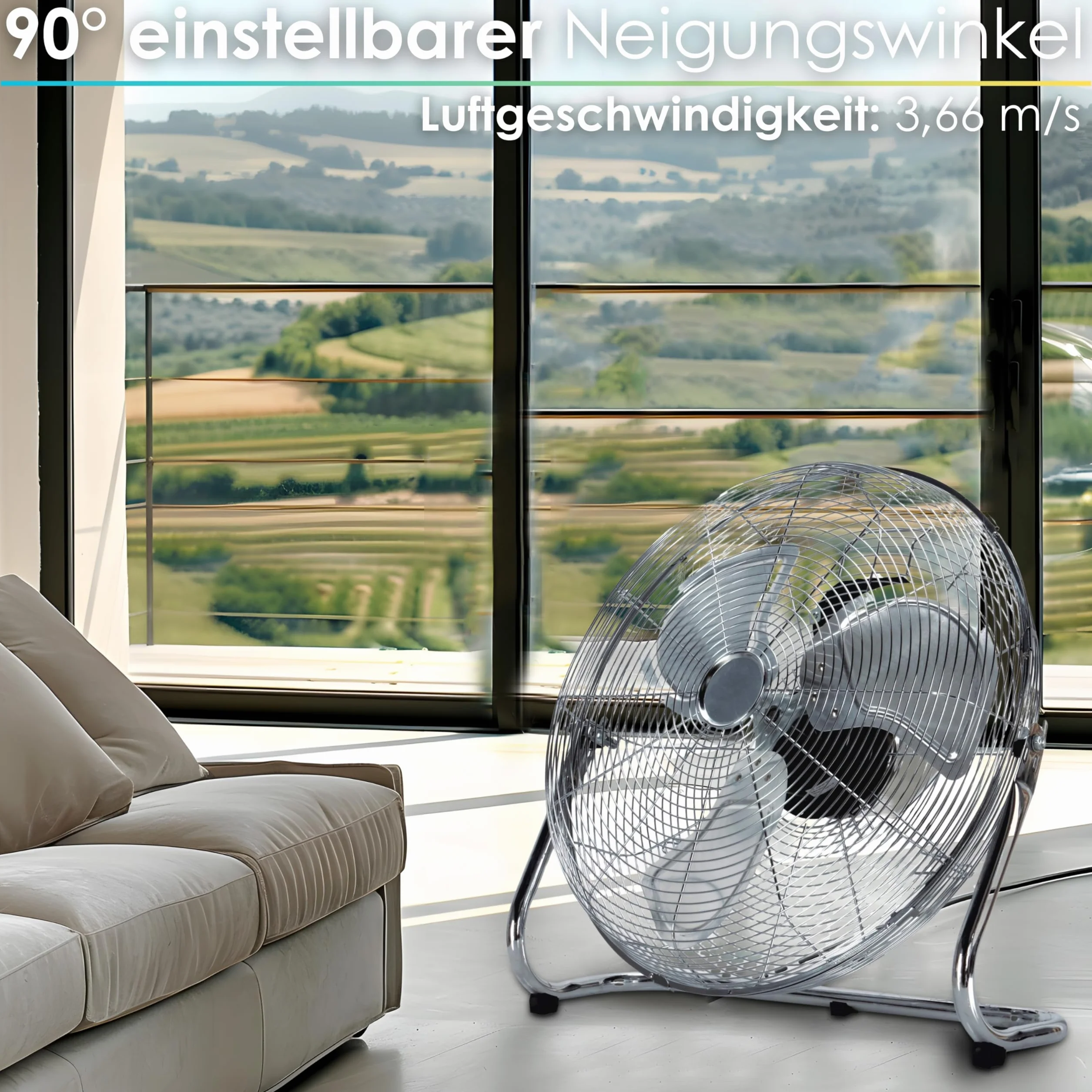 Echos Wentylator Podłogowy, Ø 46 cm, 102 m³/min, 1250 obr./min, 3 Prędkości, Wentylator Stojący, Metalowy