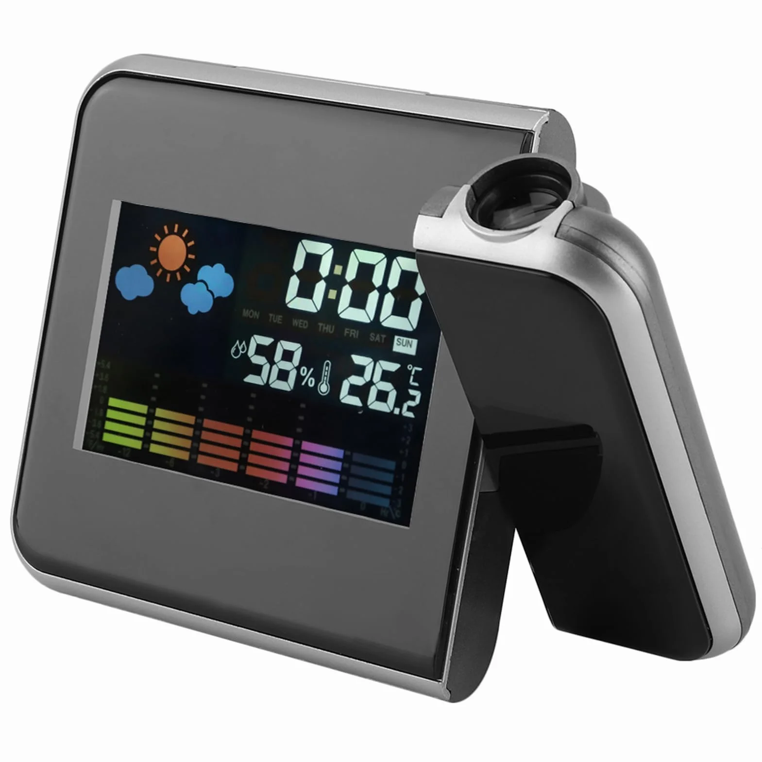 Projektor Pogody LED z Budzikiem Projekcja na Budziku Sufitowym Ładowarka USB Cyfrowy Budzik z projekcją Praktyczny Wewnątrz na Zewnątrz do Domu do Sypialni (czarny) (BLACK)