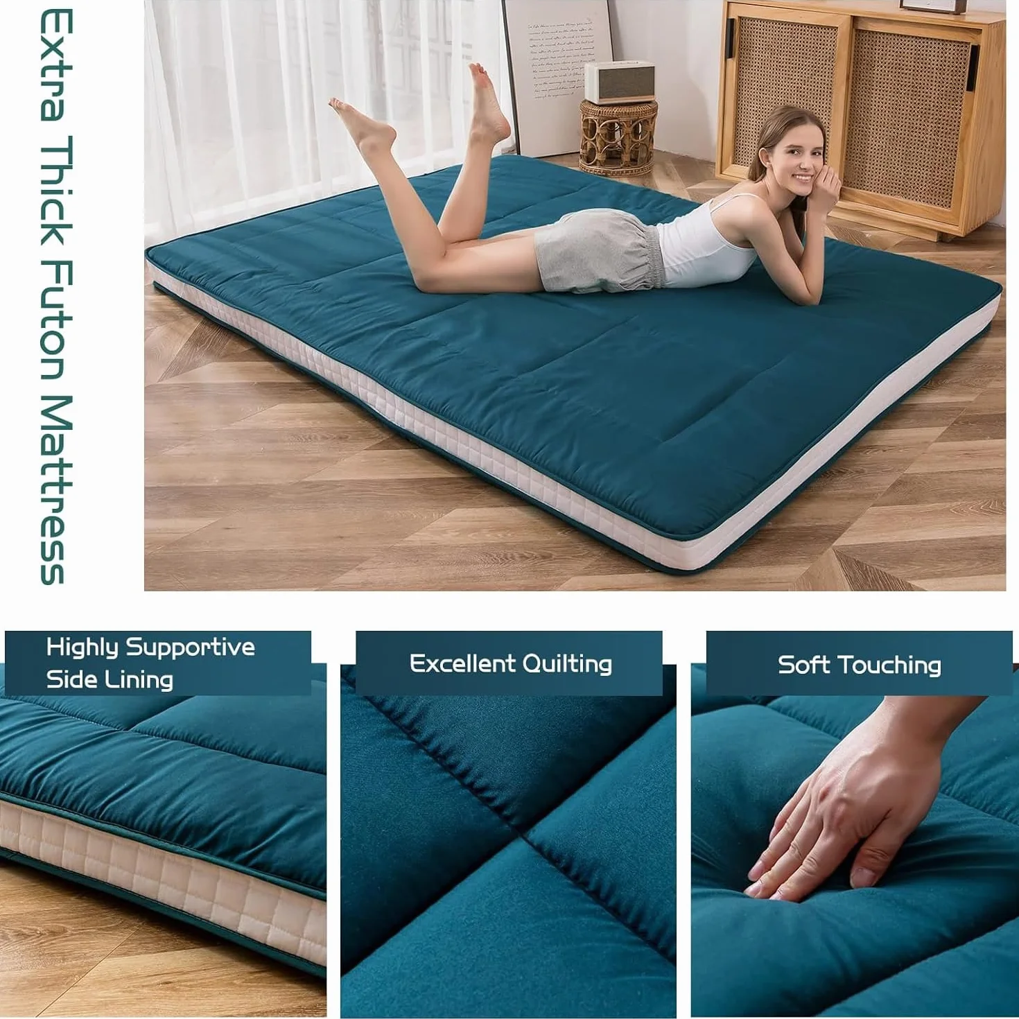 MAXYOYO Futon Materac - Wyściełany Japoński Materac Podłogowy, Pikowany, Bardzo Gruby Składany, Oddychający Leżak, Łóżko dla Gości (Bluestone, Podwójny)