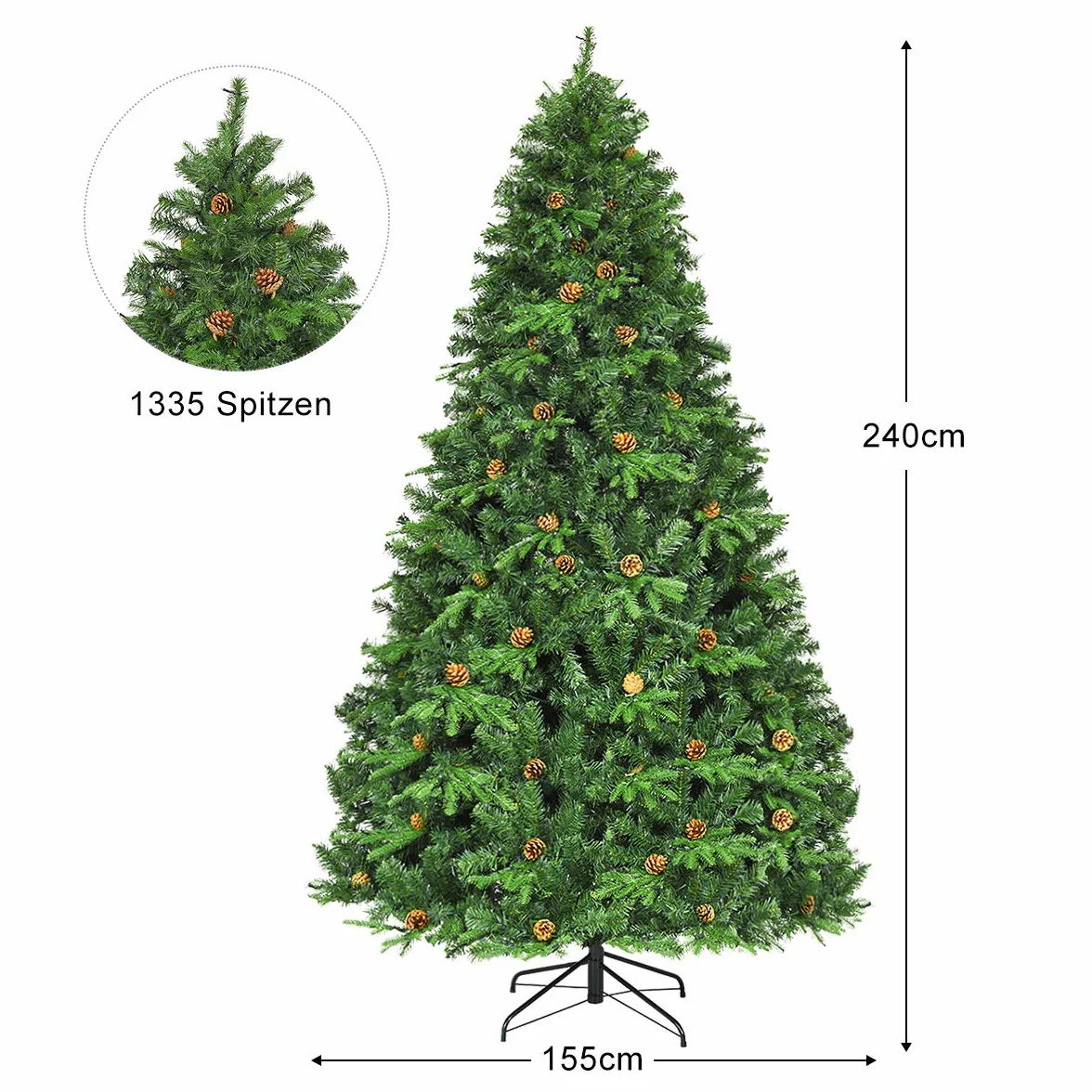 COSTWAY Sztuczna choinka LED, 240 cm, z systemem składania i metalowym stojakiem, choinka ozdobiona, idealna do domu, biura, sklepów i hotelu