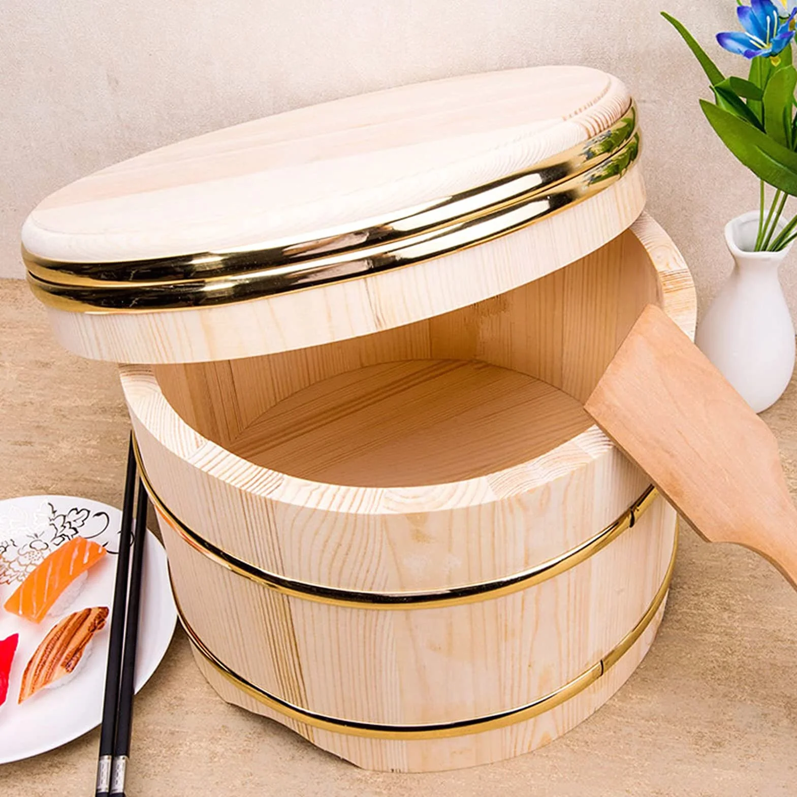 Drewniana miska do ryżu sushi z pokrywką, miedziana krawędź Hangiri Sushi Oke Sushi do mieszania ryżu, akcesoria do robienia sushi do restauracji domu kuchni, mała