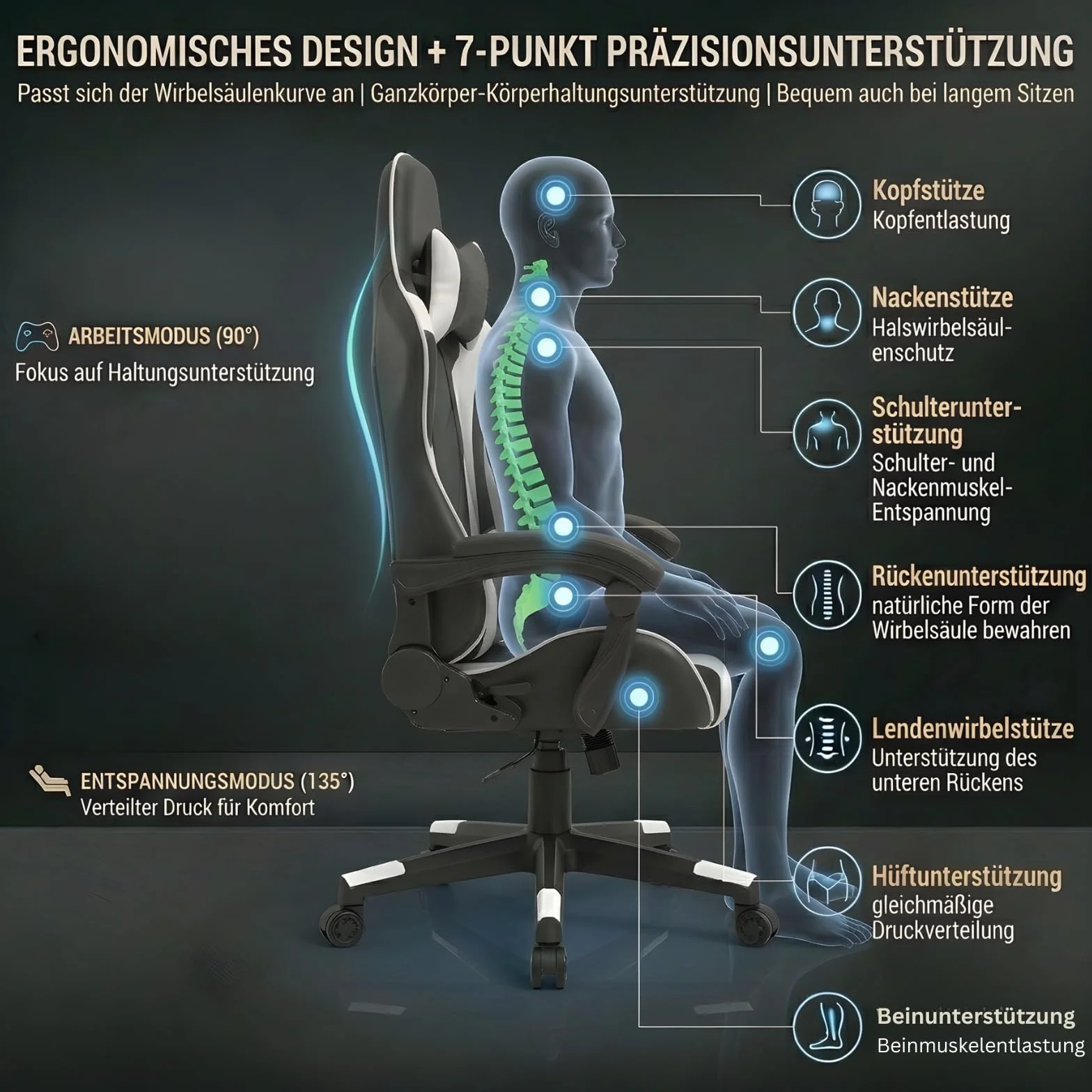 Fotel do gier/biurowy, z dynamicznym podparciem lędźwiowym, regulowaną wysokością i podłokietnikami, obracany o 360°, miękka poduszka, odpowiedni do domu i biura, klasyczne czarno-szare wykończenie