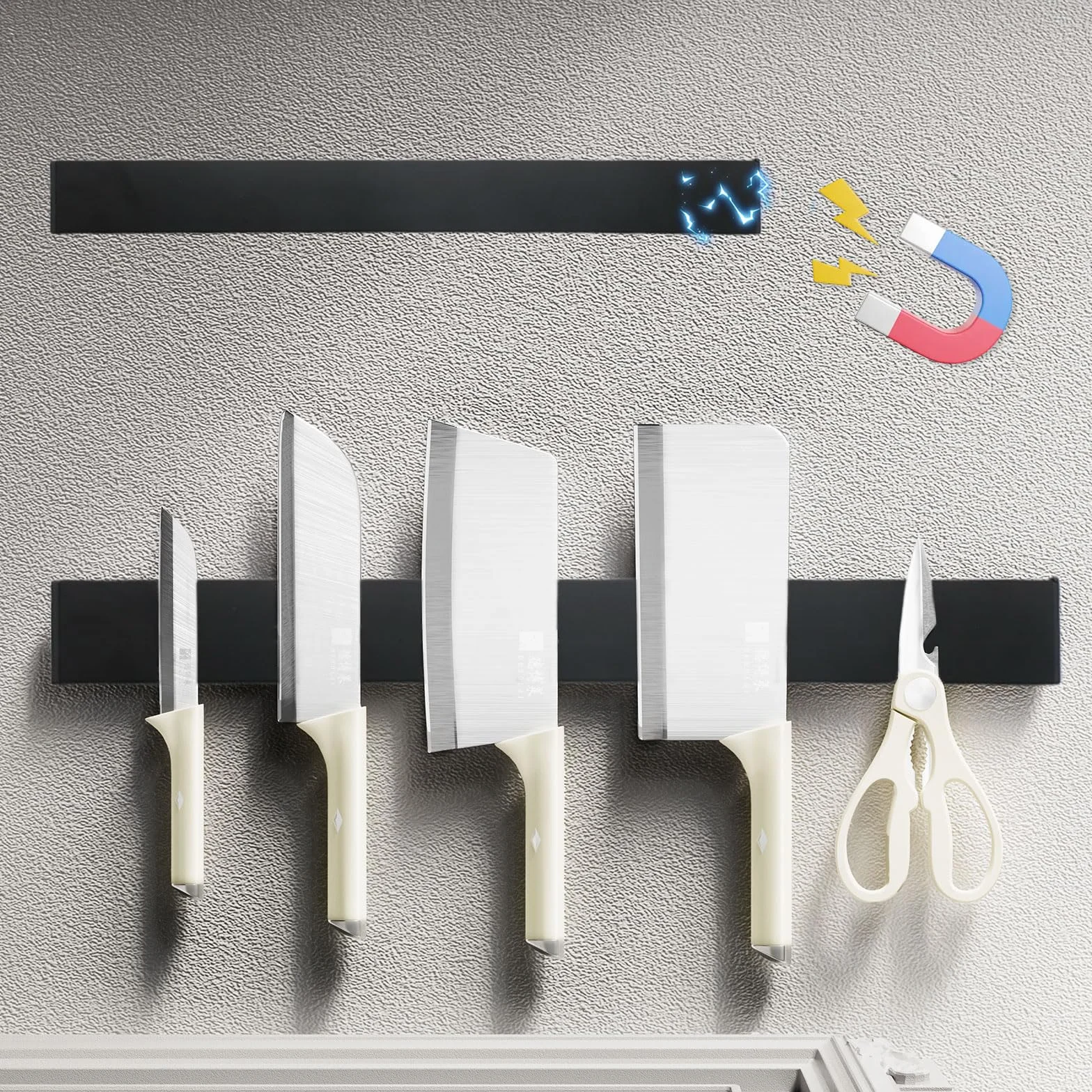 Magnetyczna listwa na noże, 40 cm, ze stali nierdzewnej, mocny magnes, uchwyt na noże, bez wiercenia, z taśmą klejącą, samoprzylepna listwa magnetyczna do montażu na ścianie, do noży kuchennych