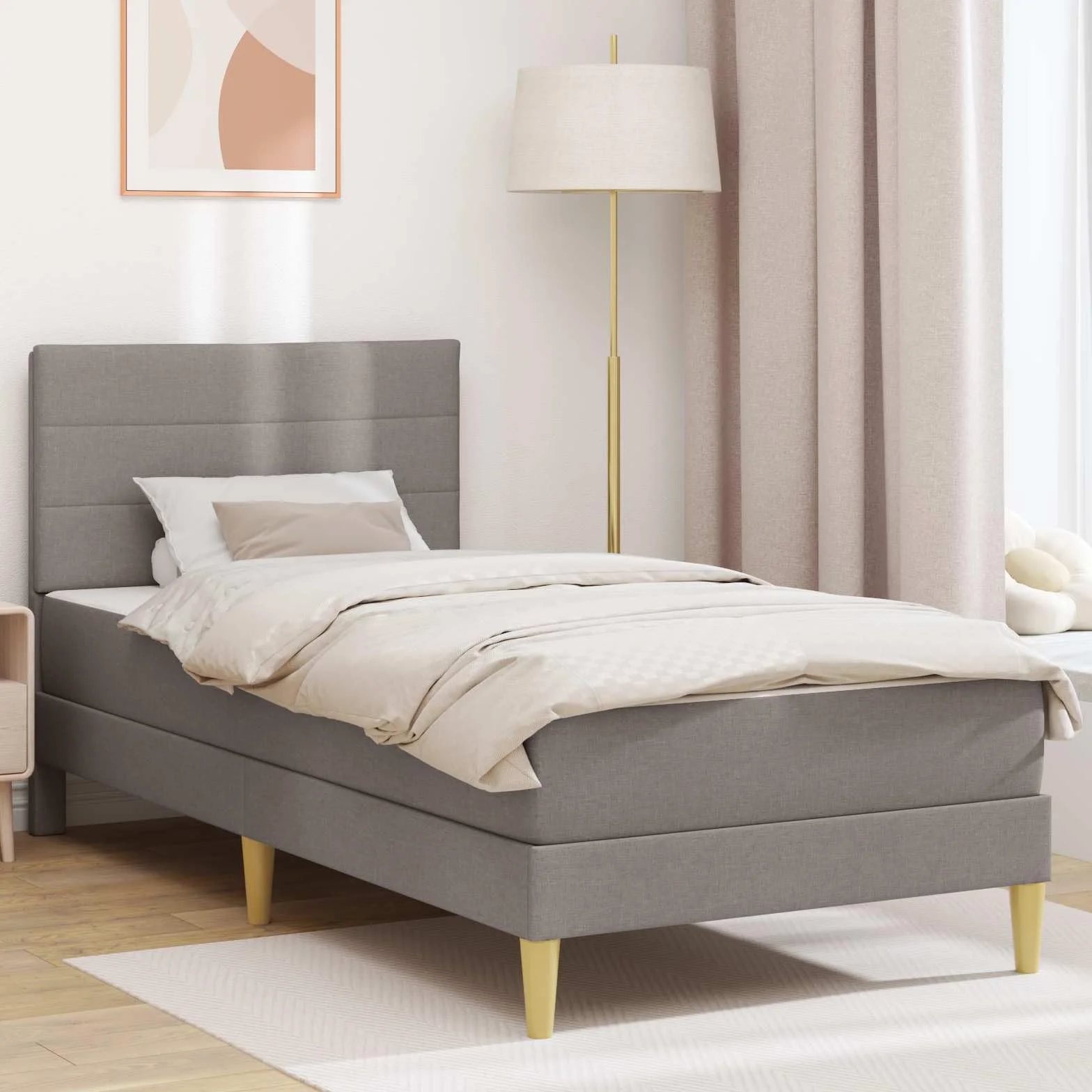 Rama łóżka w kolorze szarobrązowym (taupe), 100 x 200 cm, poliester, z ramą ze sklejki i stelażem, w zestawie materac piankowy, oddychająca i łatwa w pielęgnacji, idealna do sypialni i pokoju
