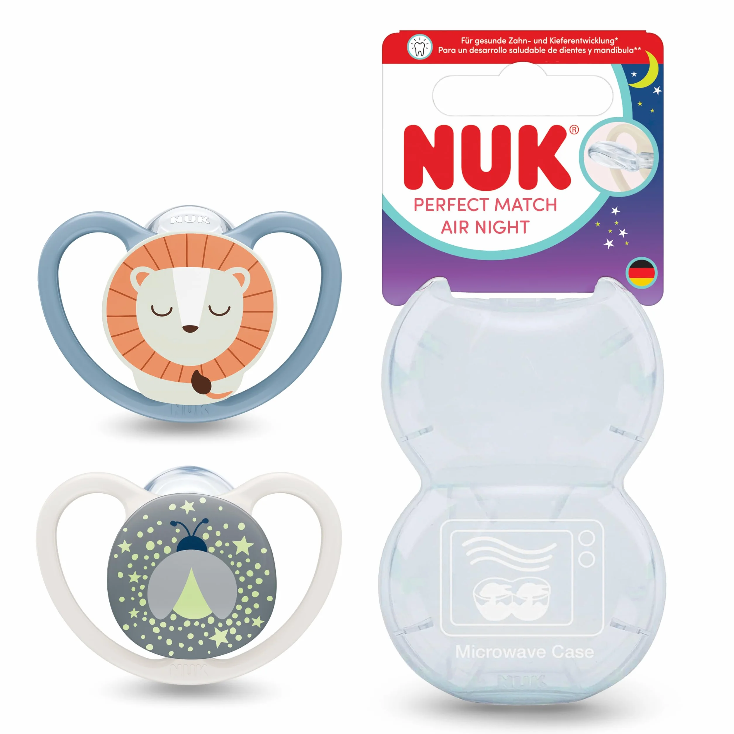 NUK Perfect Match Air Night Smoczki| 18-36 m | Świecące w ciemności smoczki, które wspomagają przepływ powietrza i zapobiegają odparzeniom od śliny | 95% akceptacji przez dzieci** | Lew | 2 sztuki