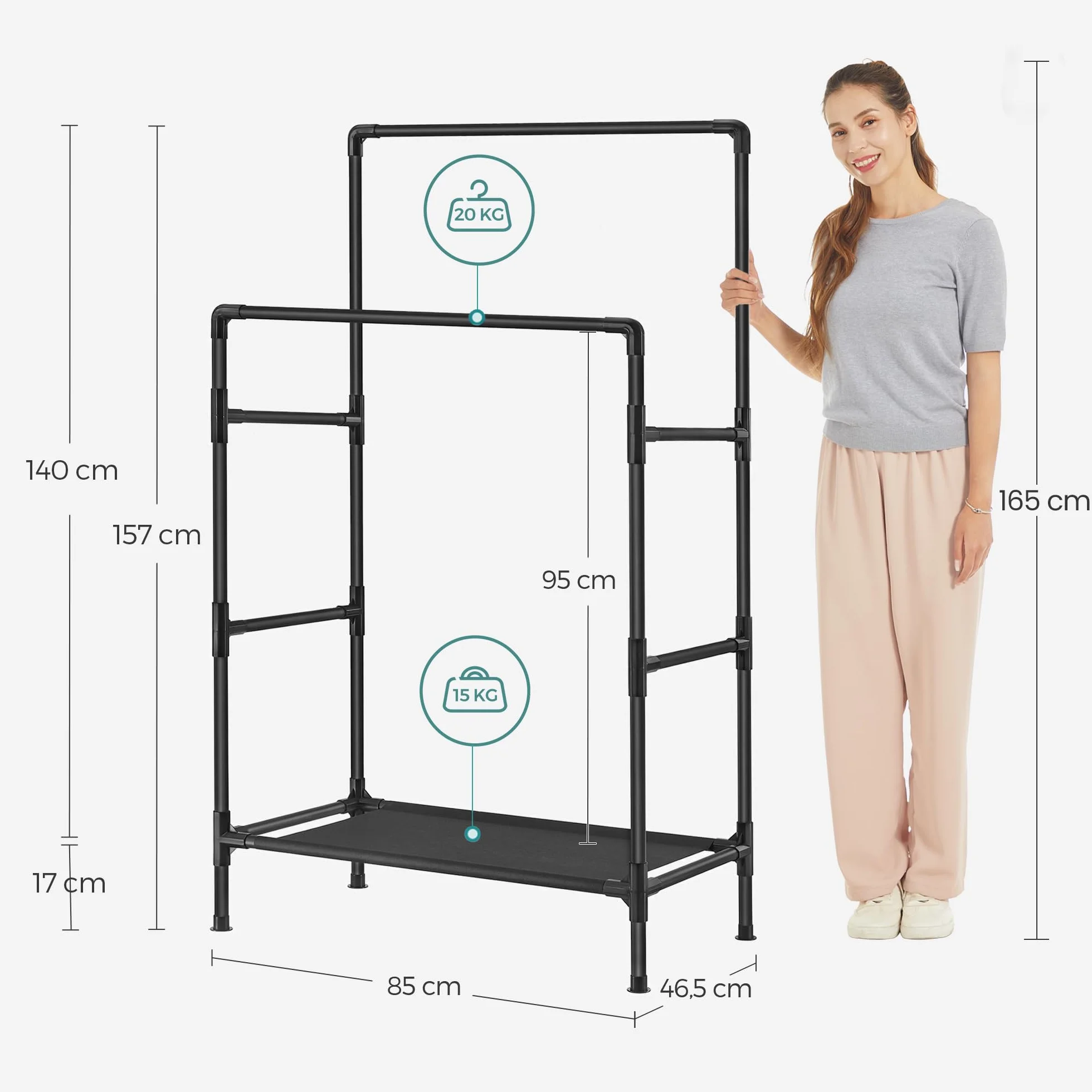 SONGMICS Podwójny drążek na ubrania, organizer metalowy z 2-poziomową półką, obciążenie 55 kg, czarny