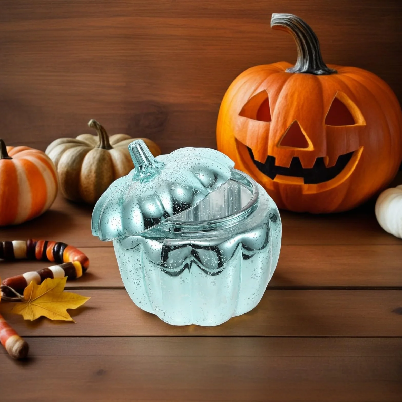 Szklany Słoik Do Przechowywania Słodyczy Kształcie Dyni z Pokrywką Dekoracyjny Pojemnik Cukierki Jesienne Przyjęcia Idealny Halloween i Święto Dziękczynienia Do Organizacji Kuchni
