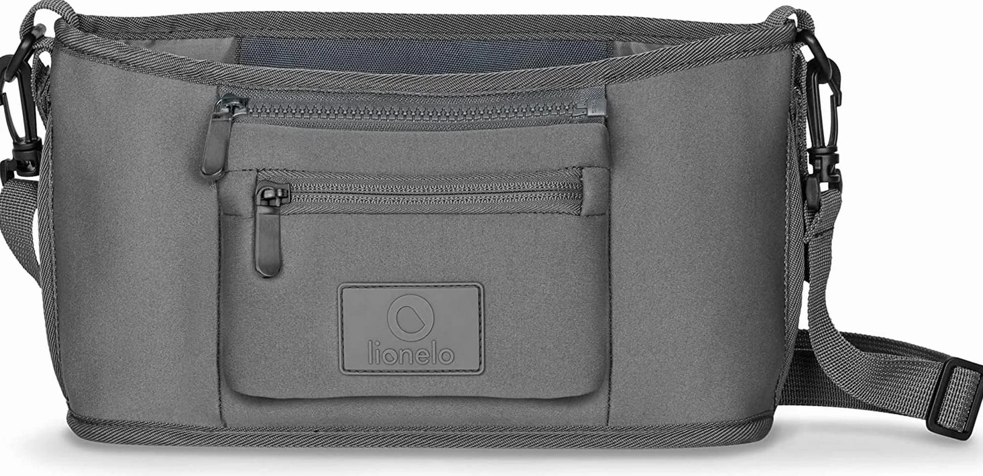 LIONELO Little Cube organizer do wózka dziecięcego, dwie kieszenie na butelki, łatwy i szybki montaż, wodoszczelny i trwały, torba na ramię, wzmocnione dno, kieszeń na małe przedmioty (szary)