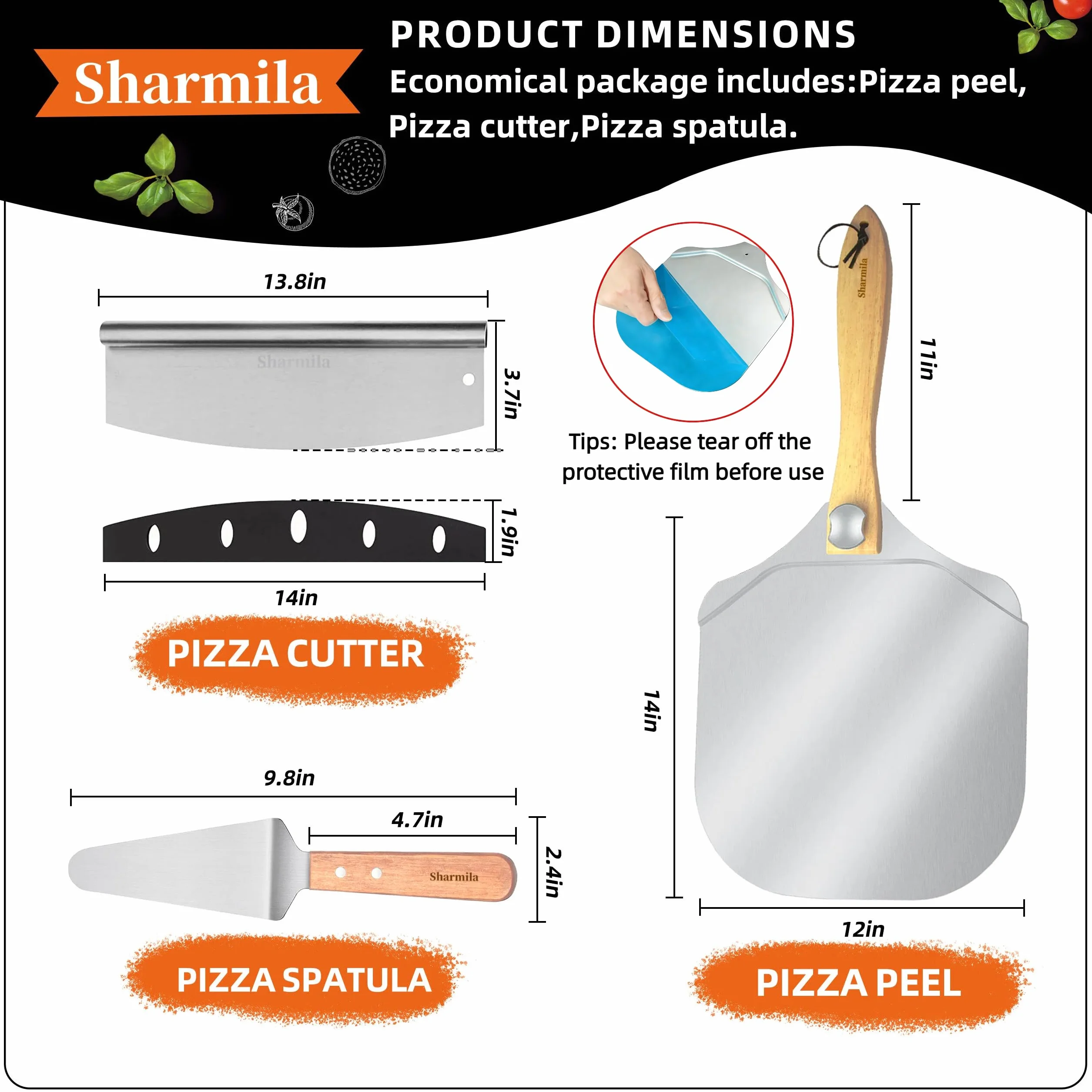 Sharmila Łopatka do pizzy 30 cm aluminiowa łopatka do pizzy ze składanym drewnianym uchwytem, nożem do pizzy i metalową szpatułką do pizzy - idealna do rodzinnego pieczenia pizzy, ciasta, chleba i