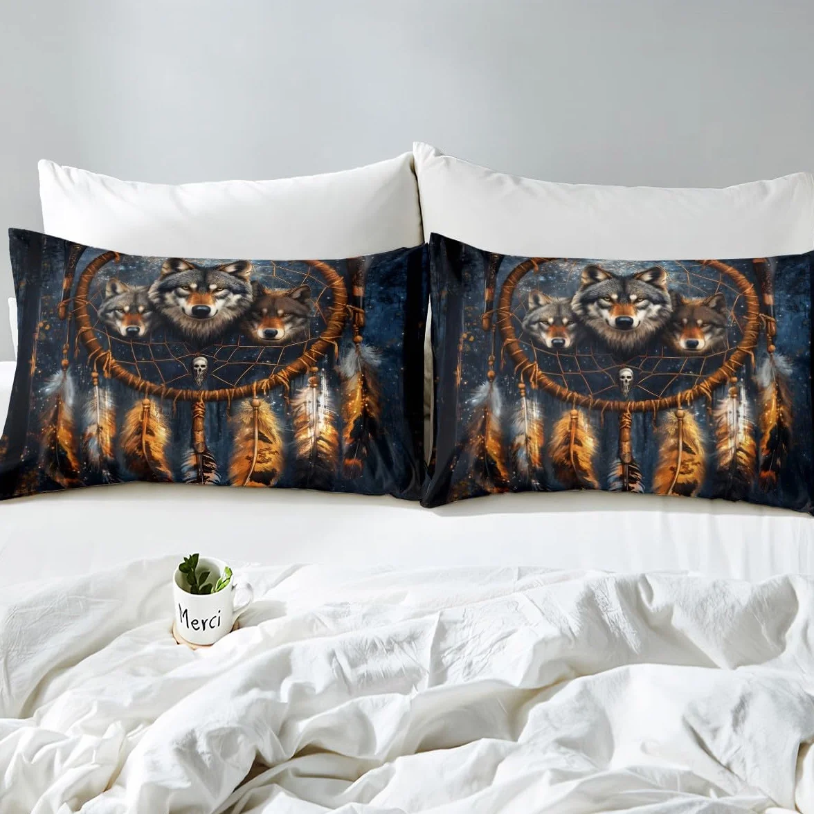 Homewish Poszewka na kołdrę z wilkiem, łapacze snów, zestaw pościeli, pióro w stylu boho, super king, poszewka na kołdrę dla dzieci, mężczyzn, egzotyczne zwierzęta plemienne, dzikie łóżko