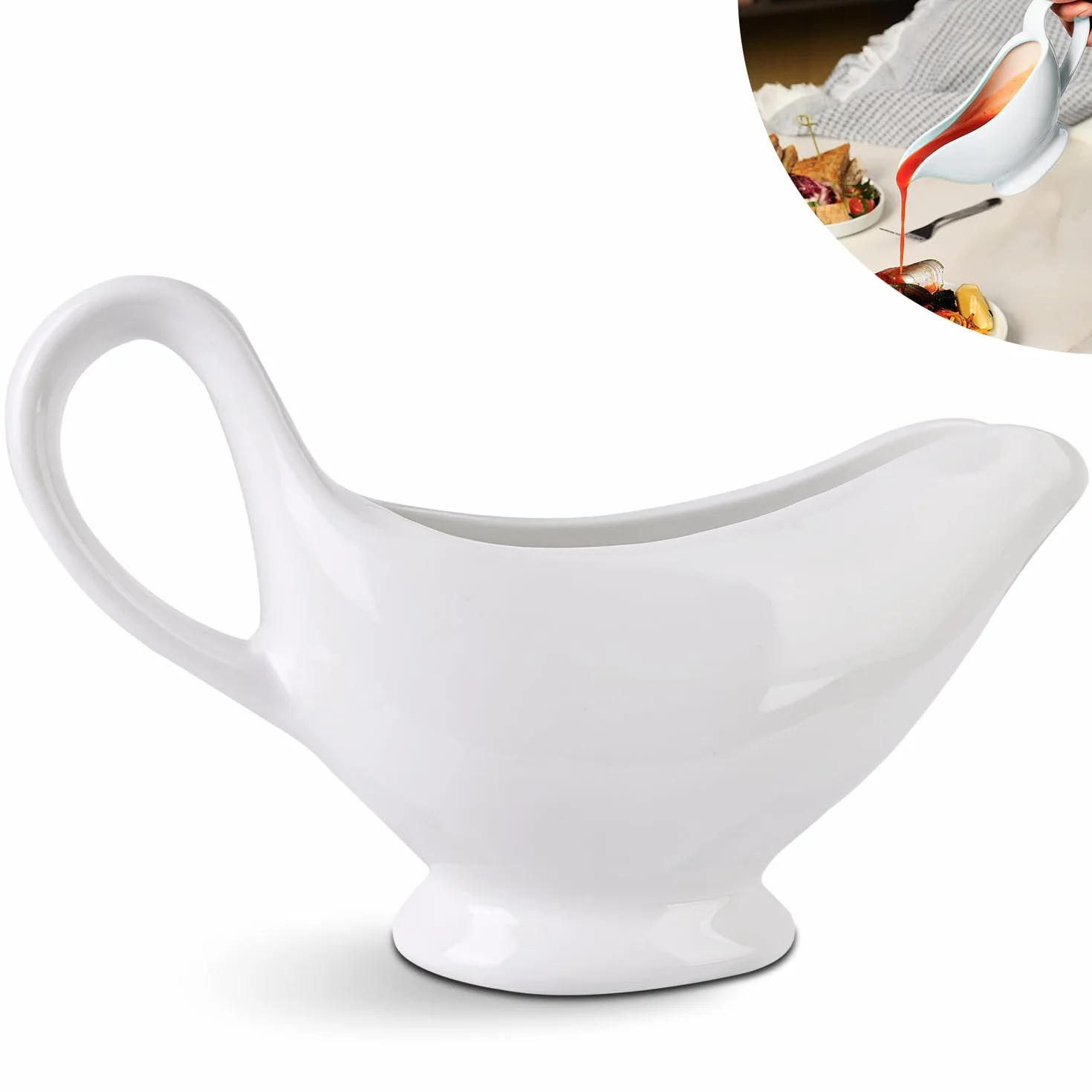 Nizirioo 310ML sosjerka z porcelany: sosówka z uchwytem, premium porcelanowa sosjerka biała, pojemnik na sosy, dressingi do sałatki, kremy, bulion mleczny, elegancki design, duży uchwyt