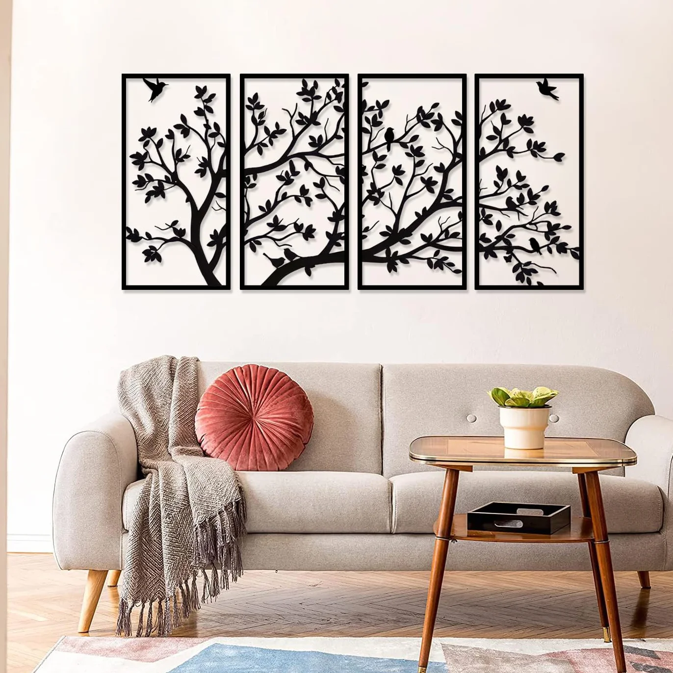 Metalowe drzewo życia, sztuka ścienna, dekoracja, 4 panele, drzewo życie, metalowa sztuka ścienna na prezent, ogród, dom, sypialnia, salon (60 cm x 30 cm x 11,8 cala)