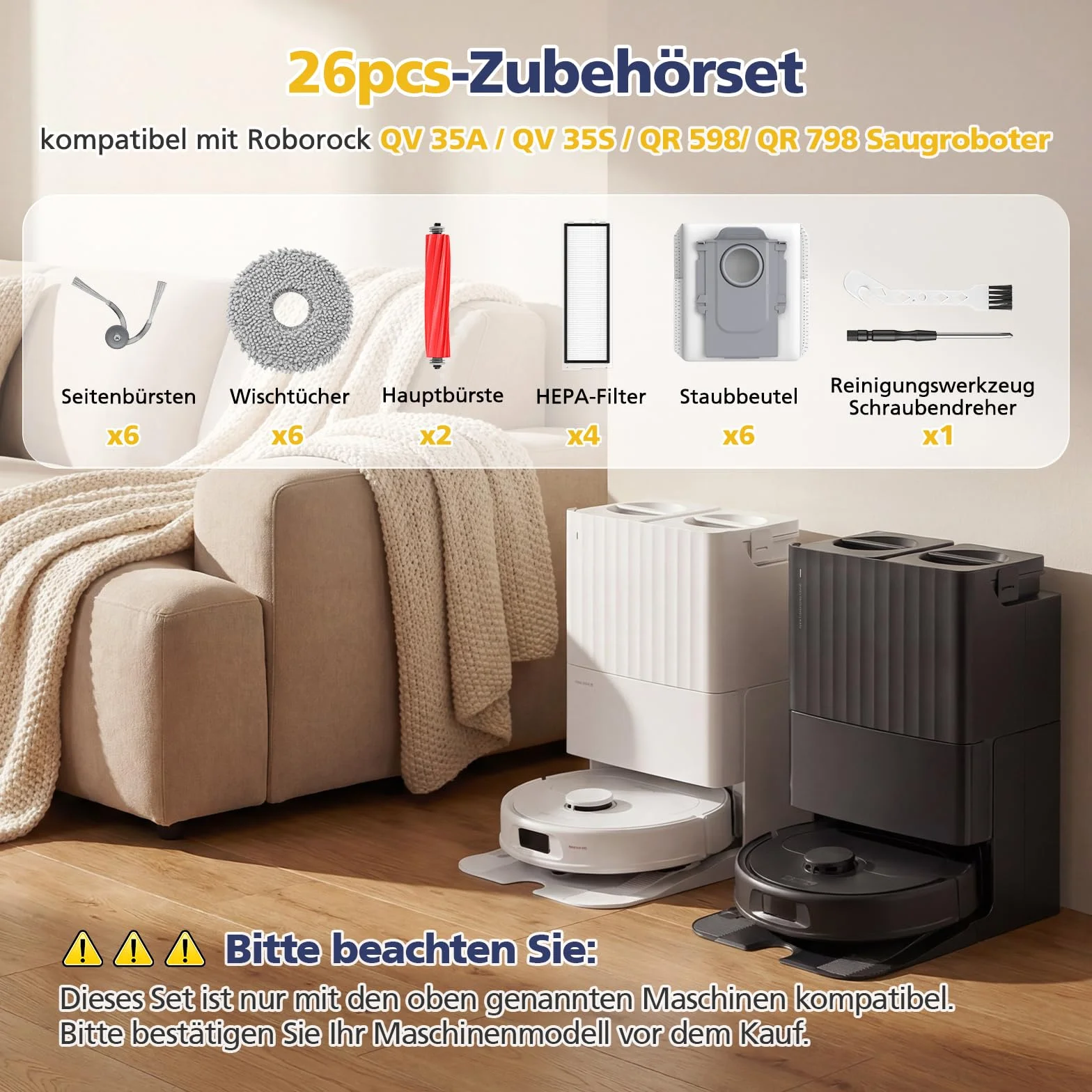 26 sztuk akcesoriów QV 35A do odkurzaczy robotów Roborock QV 35A/QV 35S / QR598 / QR798, 2 główne szczotki, 6 nakładek do nacierania, 6 worków na kurz, 4 filtry HEPA, 6 szczotek bocznych, 1 szczotka