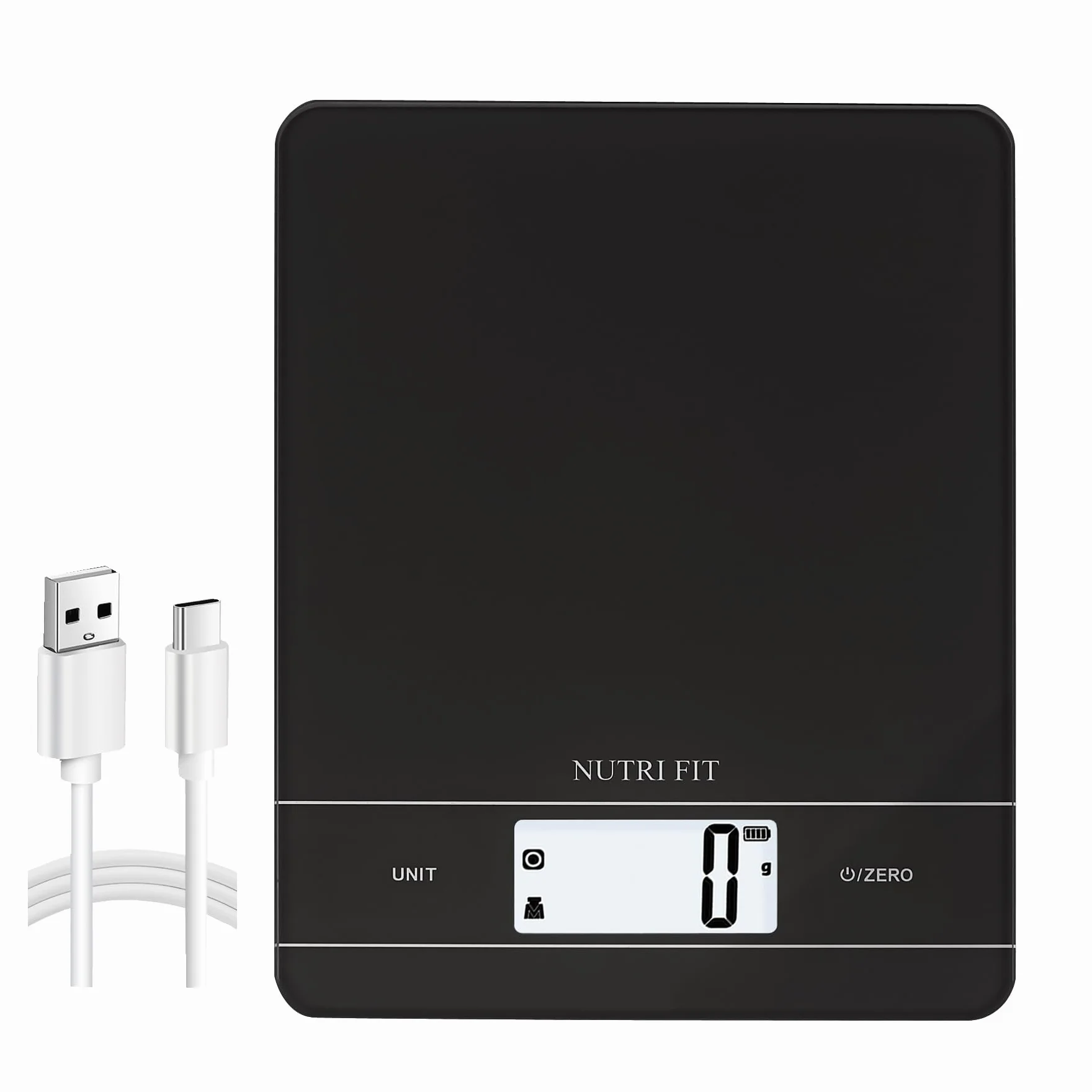 NUTRI FIT Cyfrowa waga kuchenna z możliwością ponownego ładowania, USB typu C, elektroniczna waga do żywności, szeroka platforma ważenia ze szkła hartowanego, podświetlany wyświetlacz LCD, 11 lb/5 kg