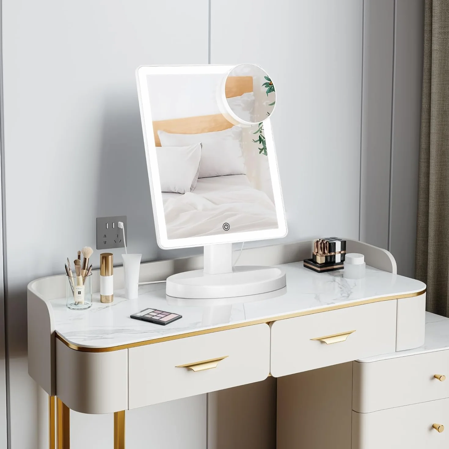 FUNTOUCH Duże podświetlane lustro kosmetyczne do makijażu ze światłem (model X-Large) – 3-kolorowe oświetlenie z 88 diodami LED, obrót 360°, sterowanie dotykowe, powiększenie 10x, przenośne stołowe