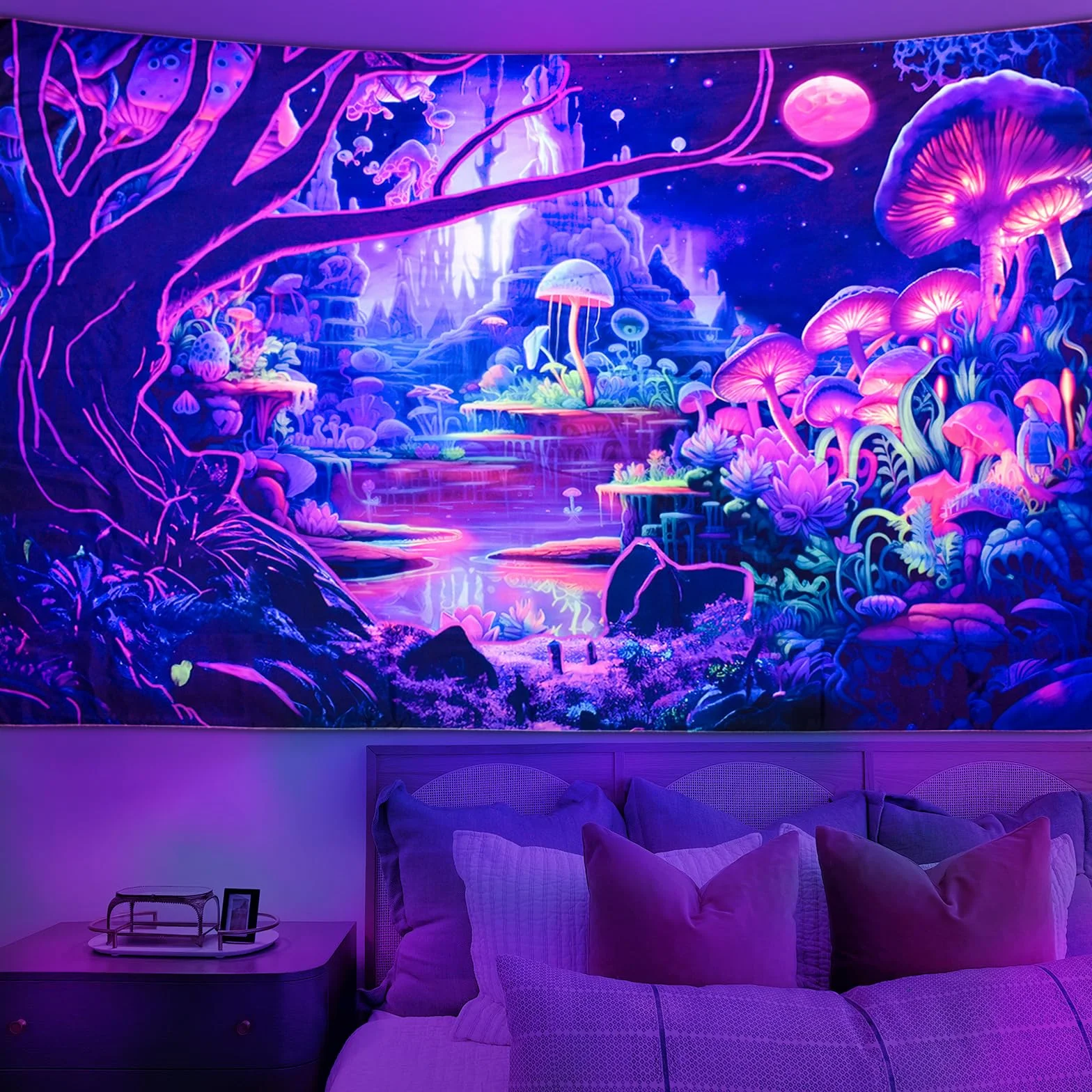 Cyiecw Aesthetic dywan ścienny z czarnym światłem, reaktywna na promieniowanie UV, fluorescencyjna, rośliny, gwiaździste niebo, psychodeliczna chusta na ścianę, dekoracja ścienna, do sypialni, salonu