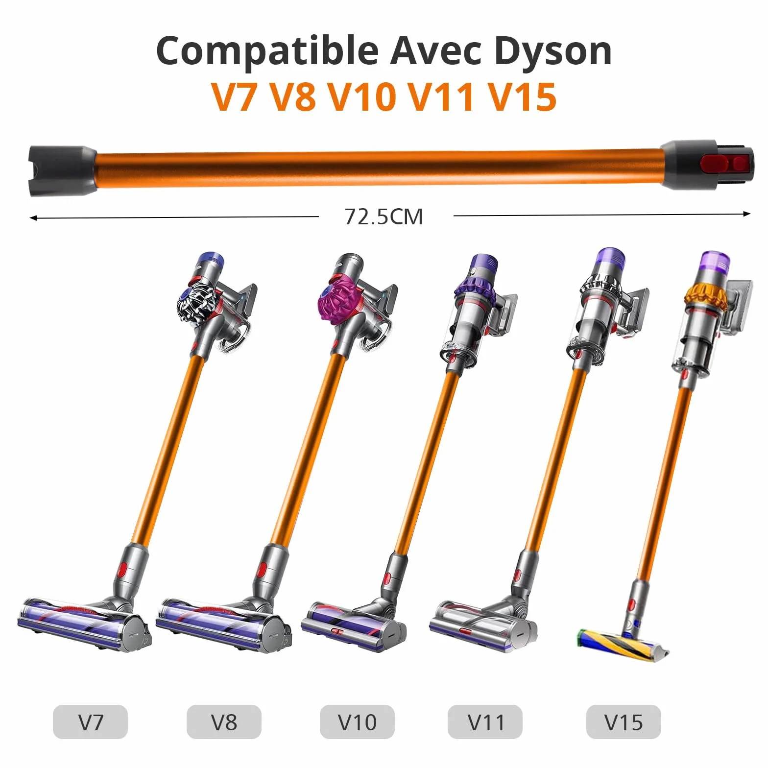 Cheerhom Rura teleskopowa kompatybilna z Dyson V7, V8, V10, V11, V15, długość 73 cm, szybkie zwalnianie, sztywne przedłużenie drążka z dwiema małymi szczotkami 2 w 1, pomarańczowa