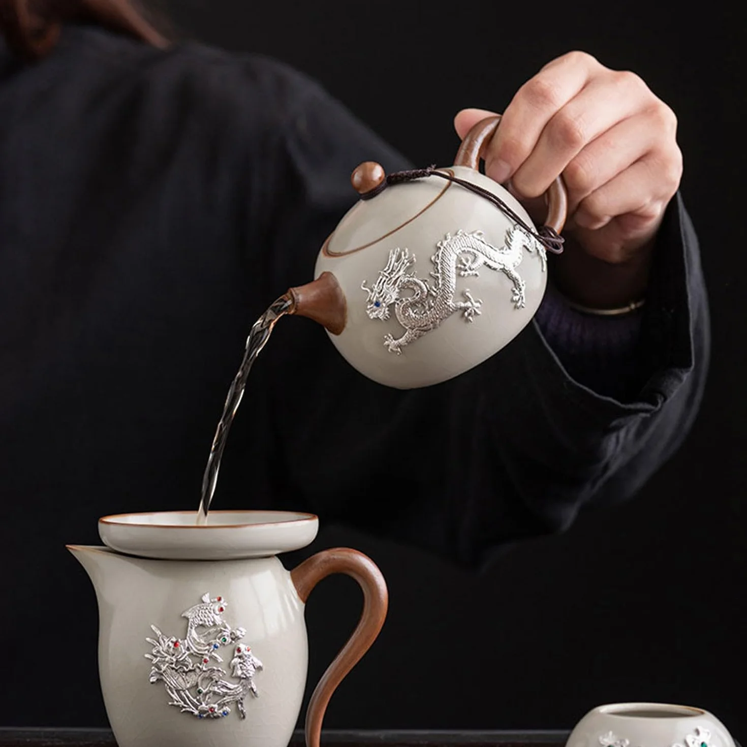 Zestaw Do Herbaty, Zestaw Filiżanek Do Herbaty, Zestaw Do Herbaty, Inkrustowany Srebrem Piec Do Herbaty, Ceramiczny Czajniczek Z Sitkiem Do Herbaty