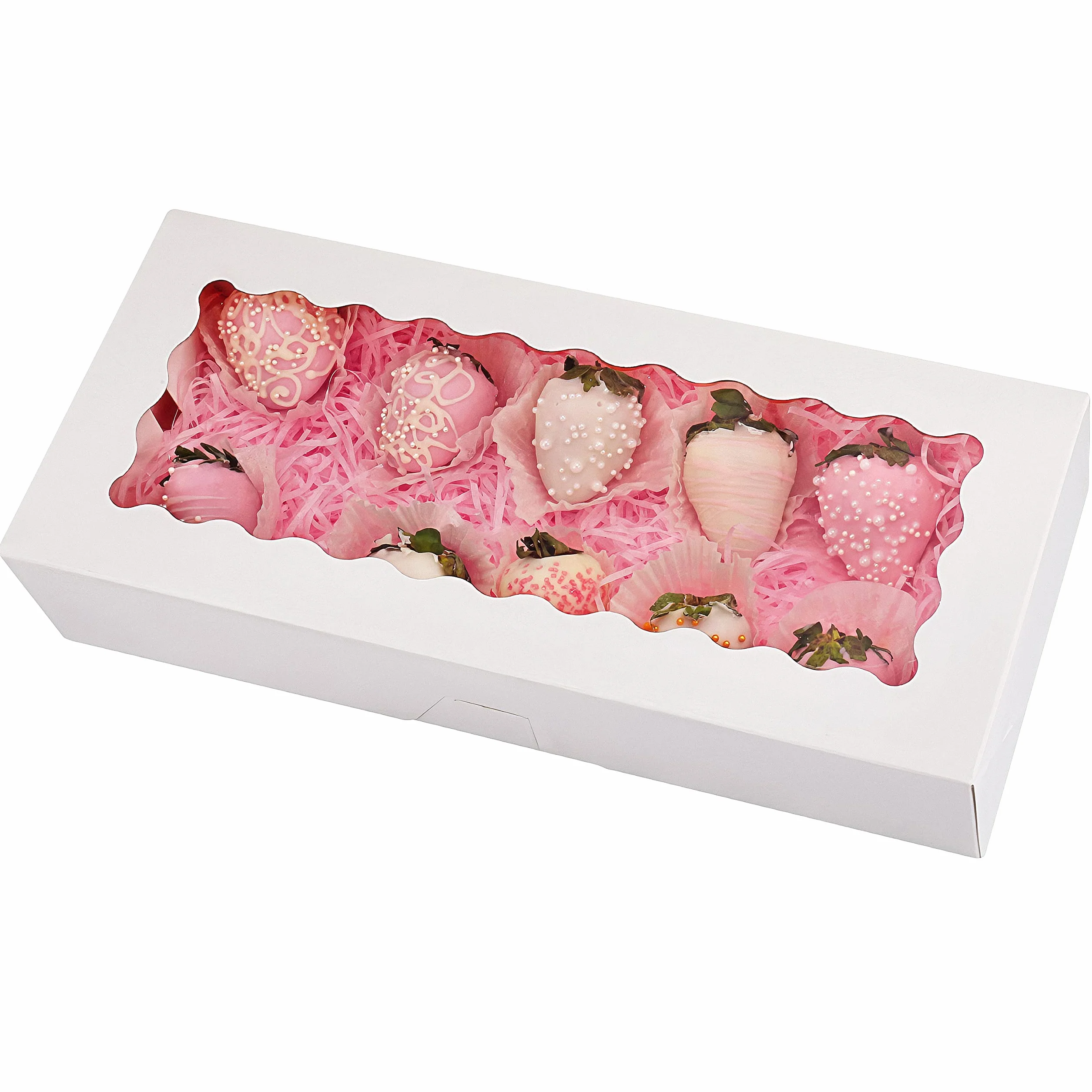 Tcoivs Zestaw 20 pudełek na ciasteczka z okienkiem, 31,8 x 14 x 6,3 cm, białe pudełka do piekarni, automatyczne wyskakujące pudełka na smakołyki, truskawki