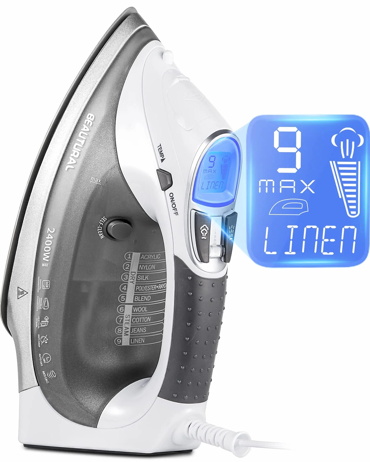Beautural Żelazko parowe, 2400 W, ceramiczna stopa, zbiornik 340 ml, 9 ustawień pary, wyświetlacz LCD, długość kabla 2,4 m, automatyczne wyłączanie, samoczyszczenie