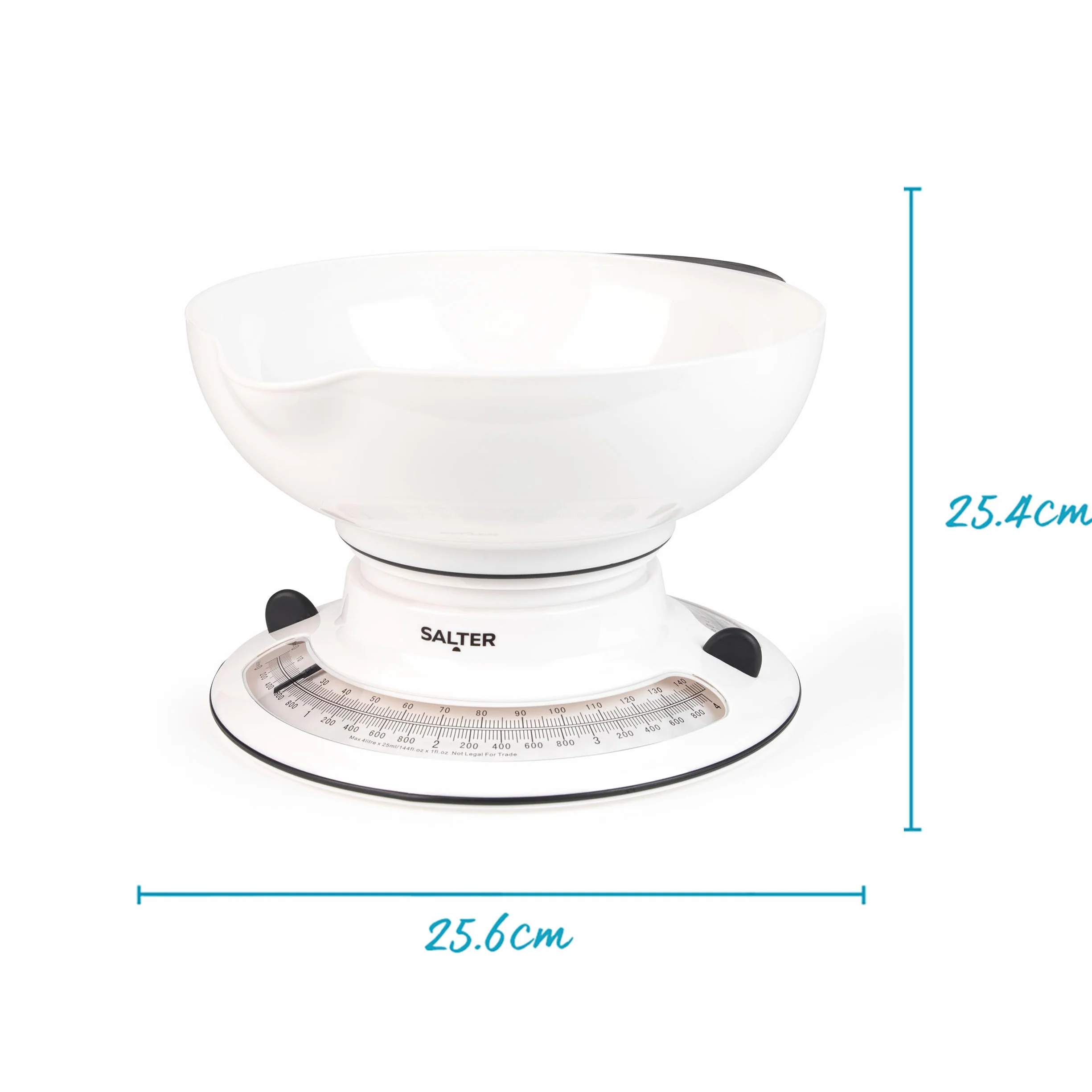 Salter 800 WHBKDR Aquaweigh Waga mechaniczna, wazy ciecze i plyny, dodaj i zwaz, podwójna obrotowa skala, dziobek do nalewania, zaciski misy 2,6 l nad waga, maks. 4 kg, pieczenie/gotowanie, biala
