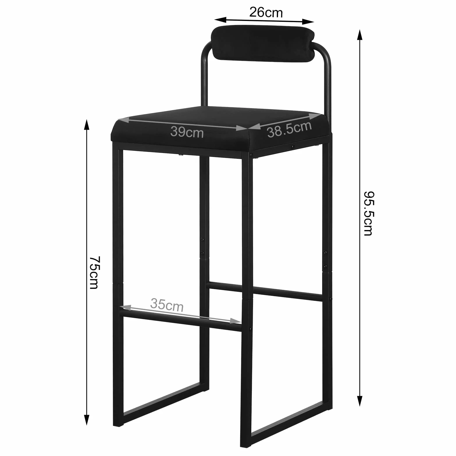 WOLTU 4 x stołek barowy z podnóżkiem, wysokie krzesło z oparciem, aksamitny taboret z tapicerką, taboret tapicerowany z metalu, ergonomiczny taboret, czarny BH343sz-4