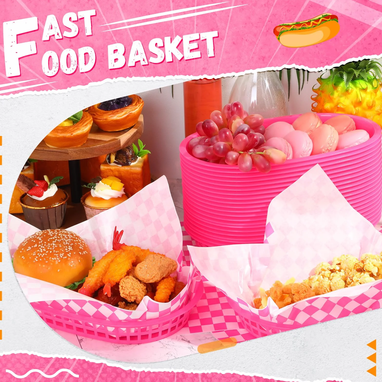 Uiifan Kosze do fast foodów z 100 szt. wkładkami w kratkę, kosze do serwowania, kosze na żywność, plastikowe tacki do serwowania, zestaw do restauracji, hot dogów, chipsów, na imprezę, piknik, różowe