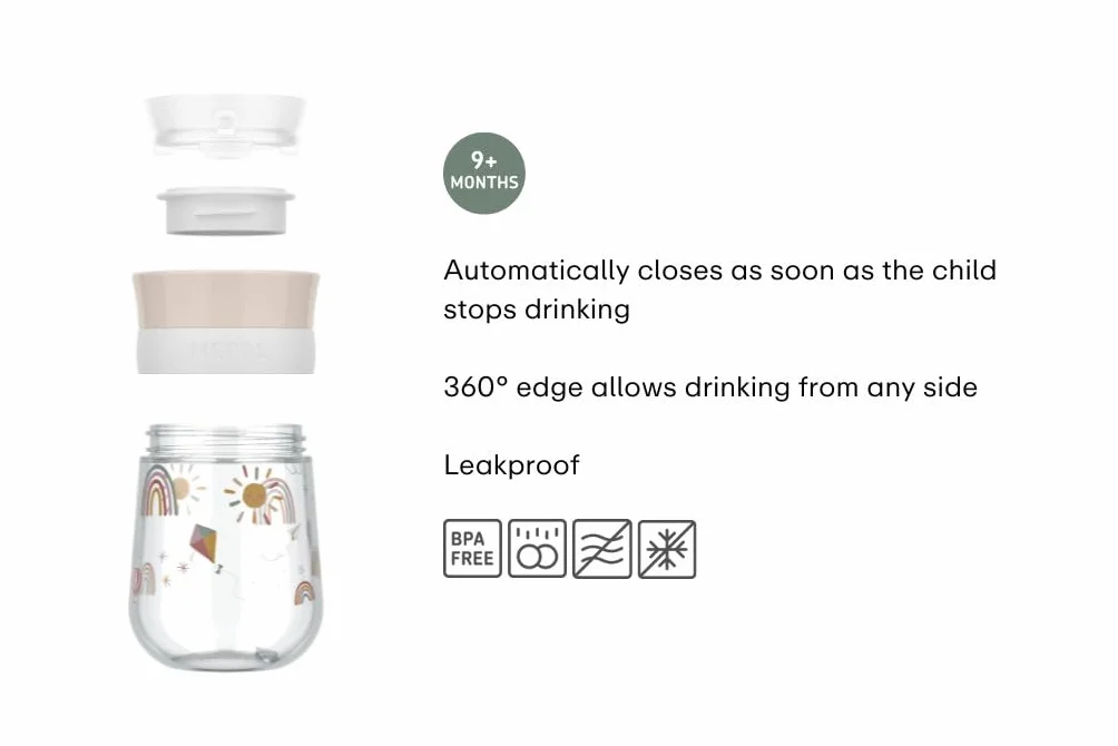 Mepal, Educatieve Mok 360° Mio, Szczelność, Obręcz 360° do Picia z Każdej Strony, Uszczelnia się Automatycznie, Gdy Dziecko Przestaje Pić, 300 ml, Sunshine & Rainbow