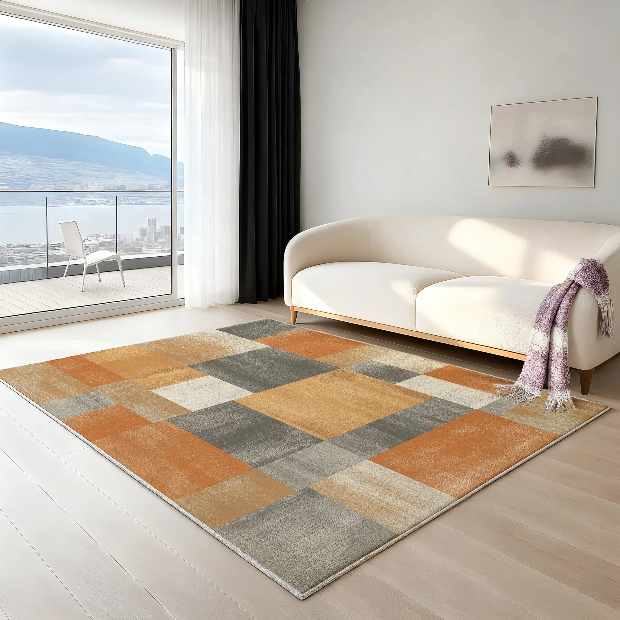 Antypoślizgowy patchwork geometryczny zmywalny dywan nowoczesny abstrakcyjny dywanik TPR klocki dywan pomarańczowy szary biały dywan 120 x 180 cm do salonu, sypialni, biura