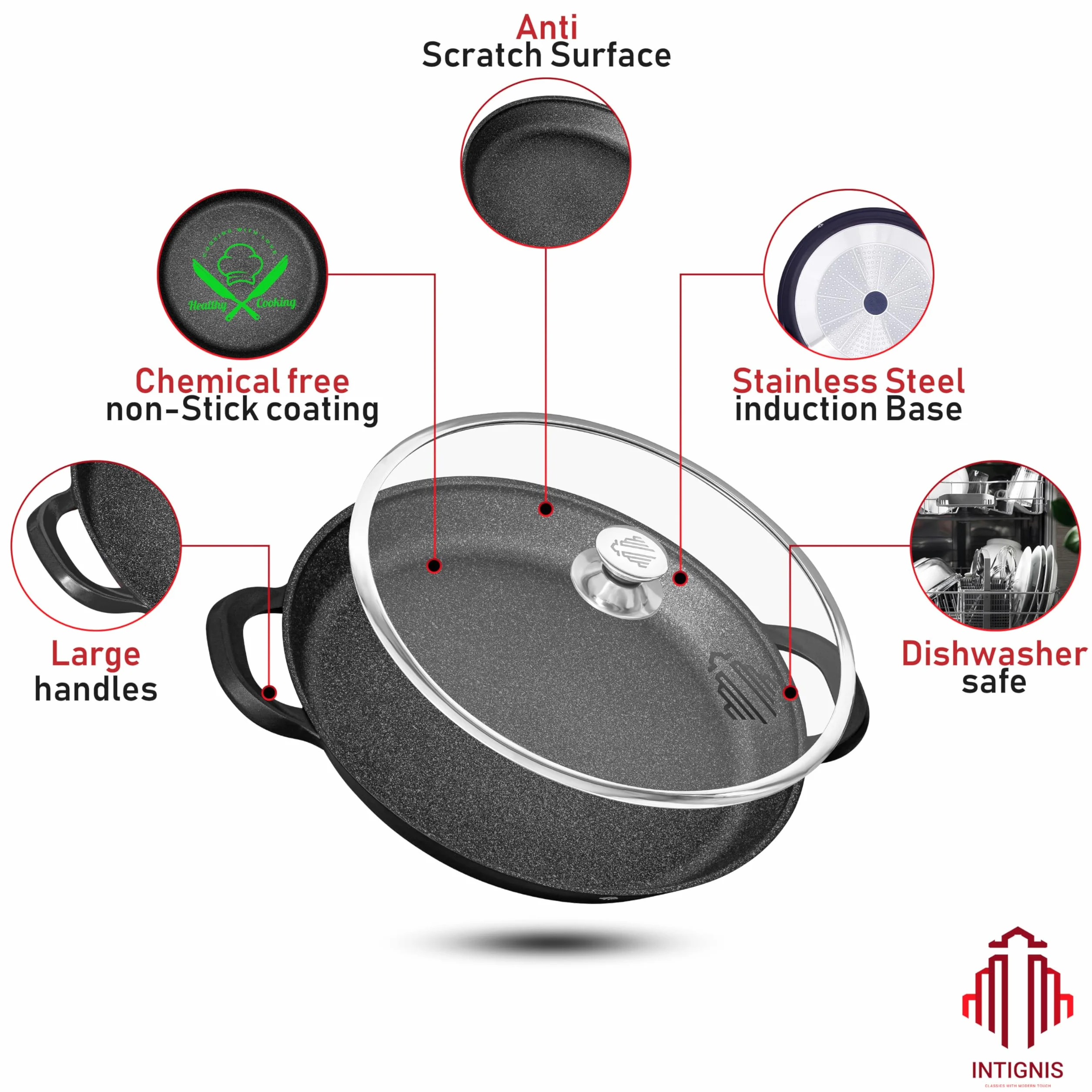 Profesjonalna patelnia Paella z pokrywką ultra nieprzywierająca solidna jakość bez POAF czarna 36 cm | Indukcyjny gaz elektryczny grill piekarnik ceramiczny nadaje się do mycia w zmywarce (36 cm)