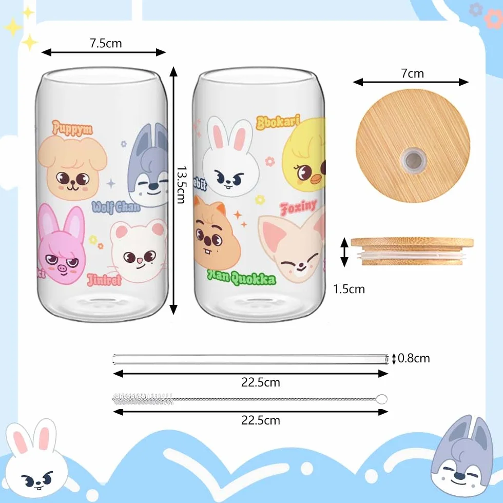 Szklane słoiki z pokrywką i słomką, Skzoo 500 ml, słoiki Stray na herbatę bubble tea, mrożoną kawę, smoothie, zimną herbatę, koktajle, Kpop Merch, prezenty dla fanów Stay