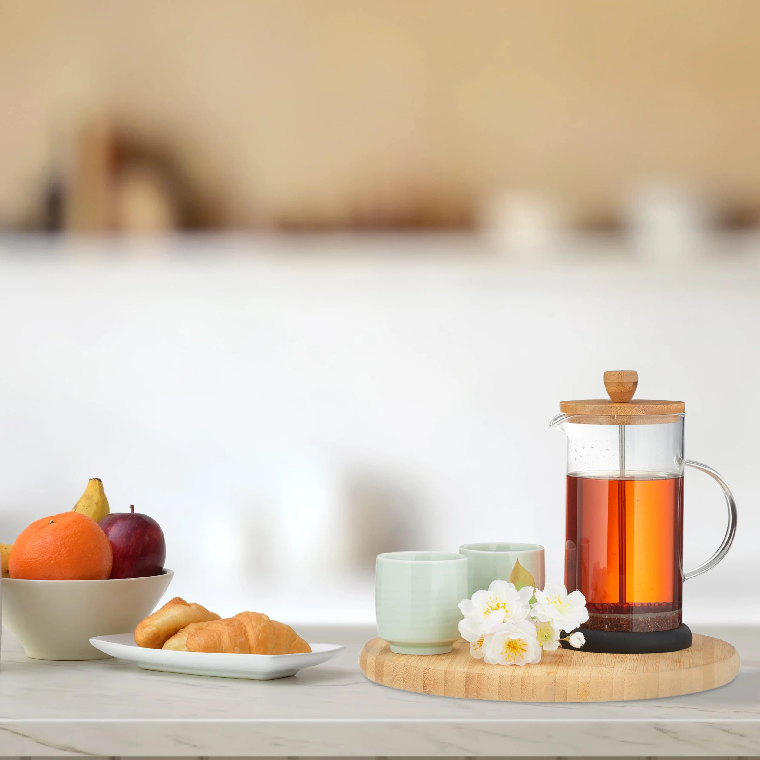 Relaxdays Zaparzacz do kawy, ręczny dzbanek do stempli, wkład sitowy, 800 ml, szkło, pokrywka bambusowa, zaparzacz do herbaty, przezroczysty/naturalny
