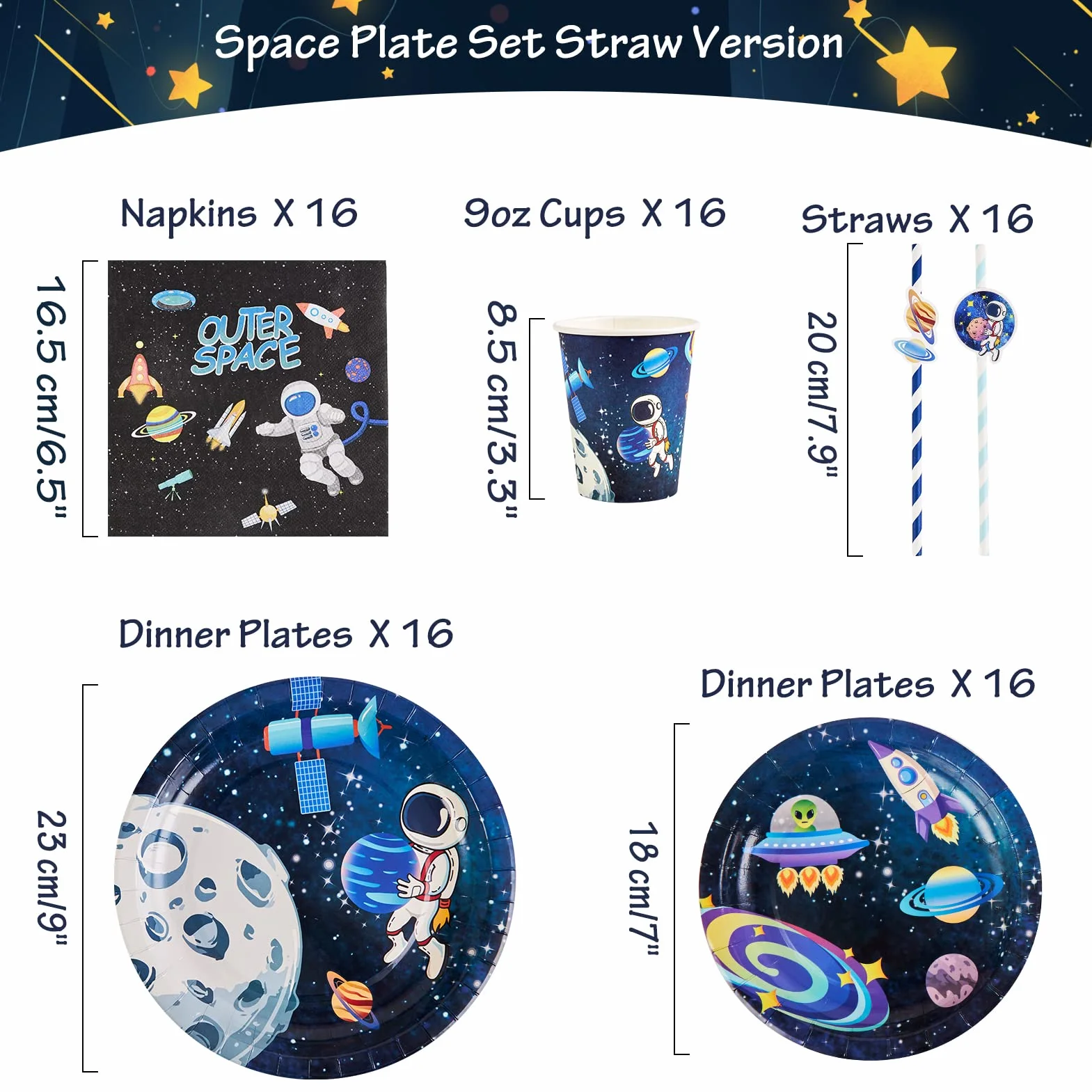 SUNBEAUTY Dekoracja urodzinowa Motyw Kosmiczny Układ Słoneczny Party Deco Zaopatrzenie na przyjęcie Talerze, Słomki, Ręczniki papierowe, Kubki Astronauta Rakieta Planeta dla dzieci