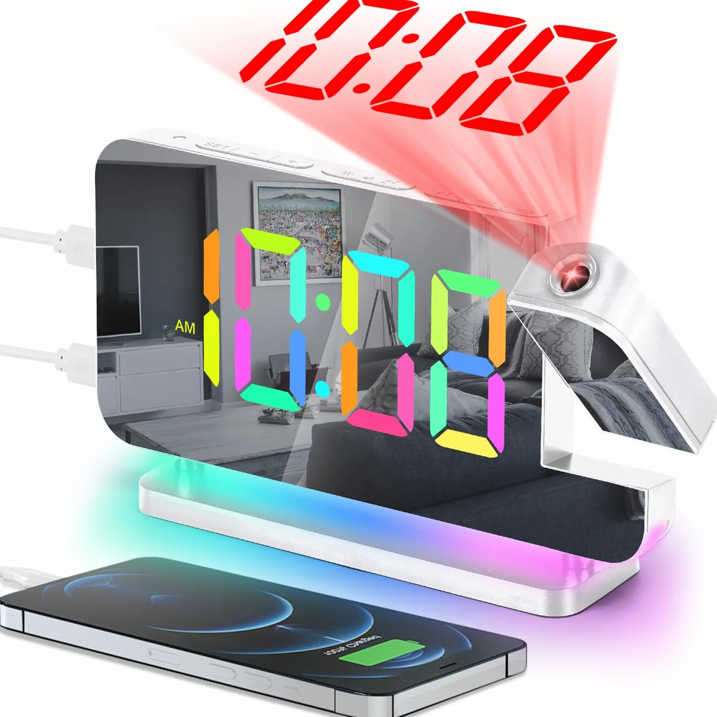 SZELAM Budzik z projektorem, 18,7 cm LED, lustrzany, duży wyświetlacz, z projektorem obracanym o 180°, lampka nocna RGB, złącze USB C, nowoczesny zegar biurkowy do dekoracji sypialni – biały
