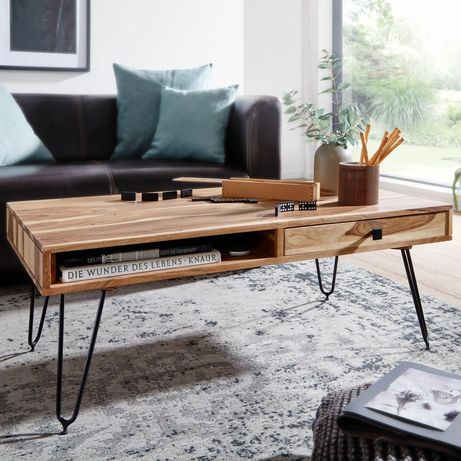 FineBuy stolik kawowy z litego drewna akacjowego, szerokość 117 cm, do salonu, metalowe nogi, styl dworkowy, stolik pomocniczy, produkt naturalny, meble do salonu, unikat, nowoczesne meble z litego drewna, prostokątne